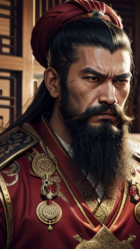 oriental、man in ancient chinese clothes、ancient chinese hairstyle man、three kingdom、multiple warlords、highest quality、masterpiece、ultra high resolution、(realistic:1.4)、game poster、Clear and beautiful image quality、Red clothes、long beard、Embroidered cloth wrapped in a topknot、indoor、angry face、There's a desk in front of you