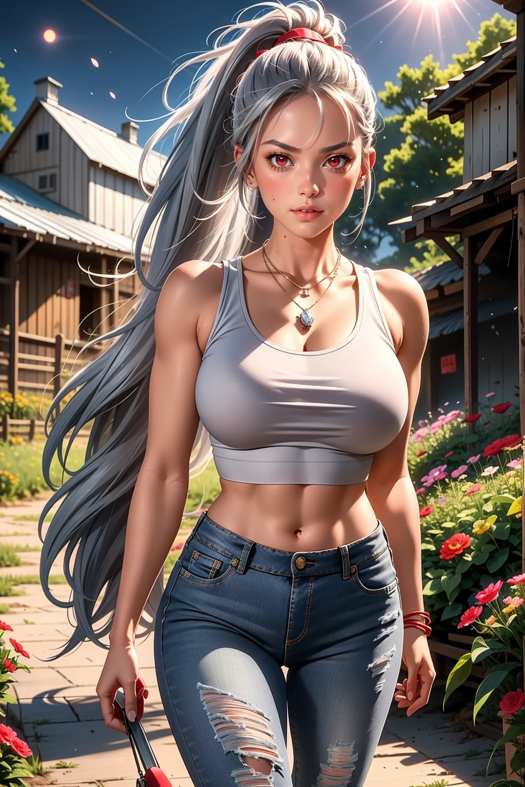 mega realistic, 1girl, ponytail grey hair, red eyes, glowing eyes, crop top, short tight jeans, parted lips, blush, night, flowers, sun, sunlight, very muscular, large breast, walking in the farm, tattoos in the arms, necklace, shy, white sneakers, next to the tractor