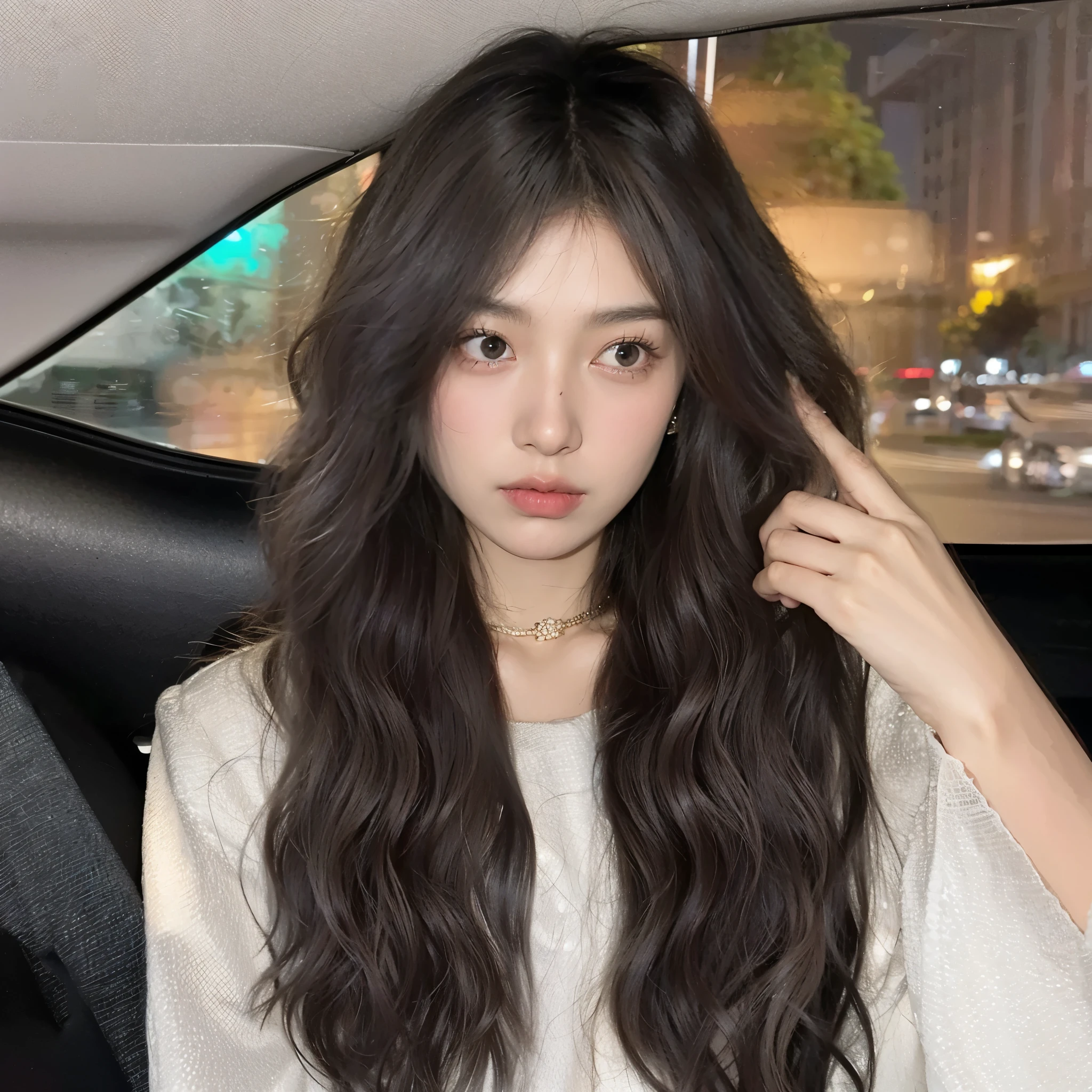 坐在车里的一头深色long hair的焦躁女人, Vibrant dark curls, Urzan, 黑色波浪long hair, long hair, long Black wavy hair, 黑色波浪long hair, Dynamic wavy hair, Black wavy hair, Long curly hair, black curly hair with bangs, black curly hair, Shoulder length wavy hair，Hair becomes uniform color