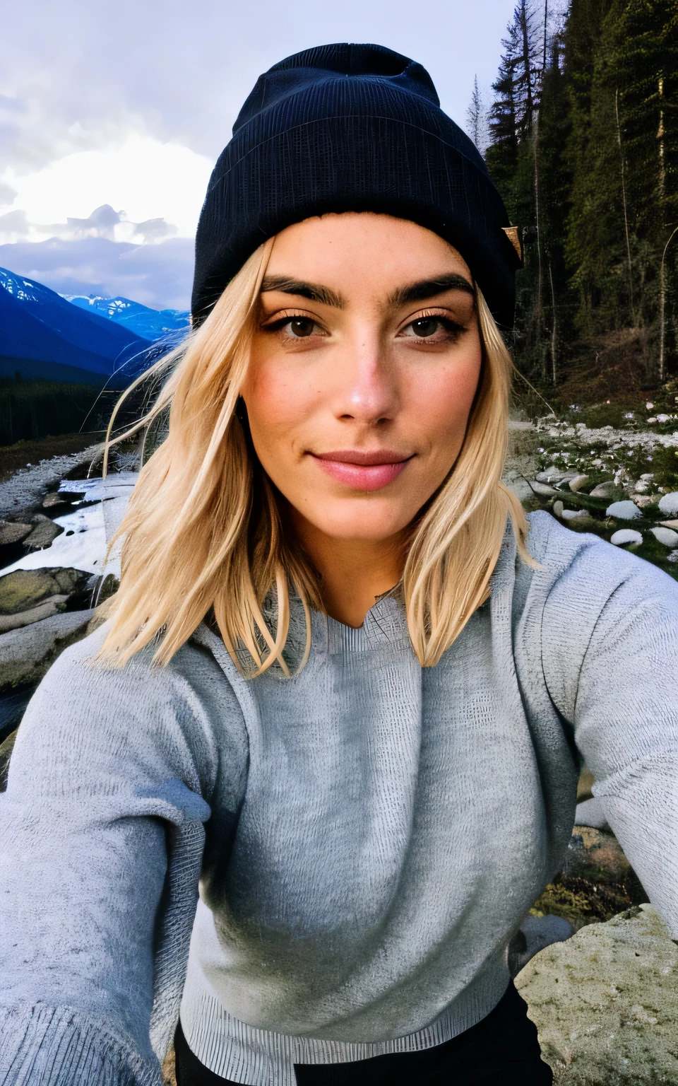photograph, photo of beautiful woman, selfie, upper body, blonde hair, solo, wearing pullover, outdoors, (night), mountains, real life nature, stars, moon, cheerful, happy, gloves, sweater, beanie, forest, rocks, river, wood, smoke, fog, looking at viewer, skin texture, photo grain, close up, RAW photo