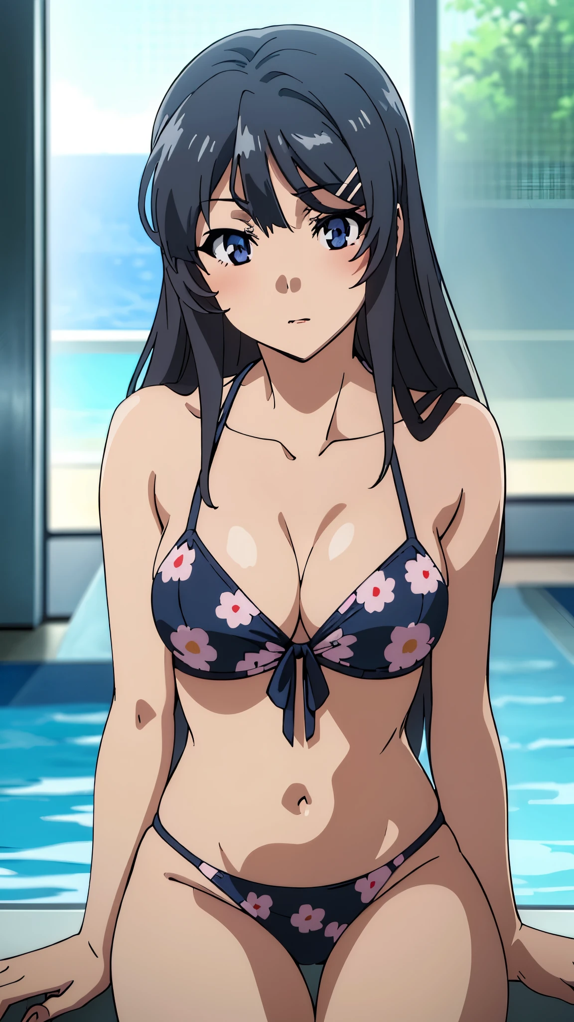 (highest quality:1.4), 8K resolution, Ultra HD, (High resolution:1.4), cinematic light, ****ung girl, troubled face, very fine eyes,medium-sized chest、clear white skin, beautiful breasts, Mini miniature bikini with cute floral pattern, (cleavage:1.3), outdoor, swimming pool, Clear blue sky,blush