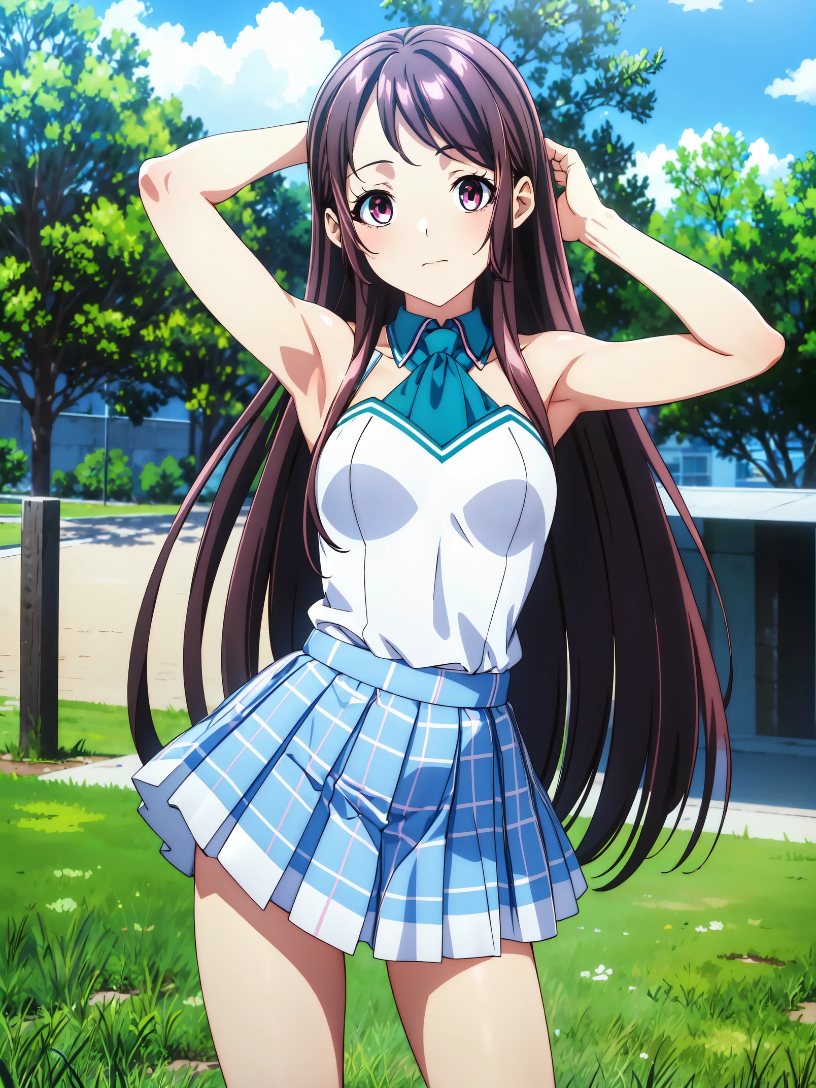 Show your armpits,Kaori Hojo, girl, (masterpiece: 1.1), (highest quality: 1.1), Upper body bikini, (white bikini: 1.1), (plaid mini skirt: 1.1), mini high waist skirt, break [green grass: pink, :0.5] theme, (Urban background: 1.1), denim lens, break Silver, length, green eyes, landscape, small chest, low length, girl, big breasts,