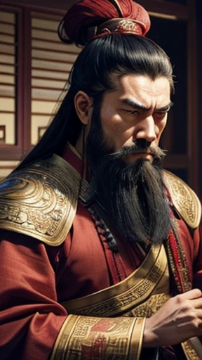 oriental、man in ancient chinese clothes、ancient chinese hairstyle man、three kingdom、multiple warlords、highest quality、masterpiece、ultra high resolution、(realistic:1.4)、game poster、Clear and beautiful image quality、Red clothes、long beard、Embroidered cloth wrapped in a topknot、indoor、angry face、There&#39;s a desk in front of you