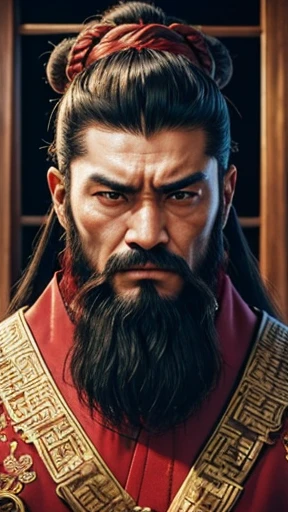 oriental、man in ancient chinese clothes、ancient chinese hairstyle man、three kingdom、multiple warlords、highest quality、masterpiece、ultra high resolution、(realistic:1.4)、game poster、Clear and beautiful image quality、Red clothes、long beard、Embroidered cloth wrapped in a topknot、indoor、angry face、There&#39;s a desk in front of you