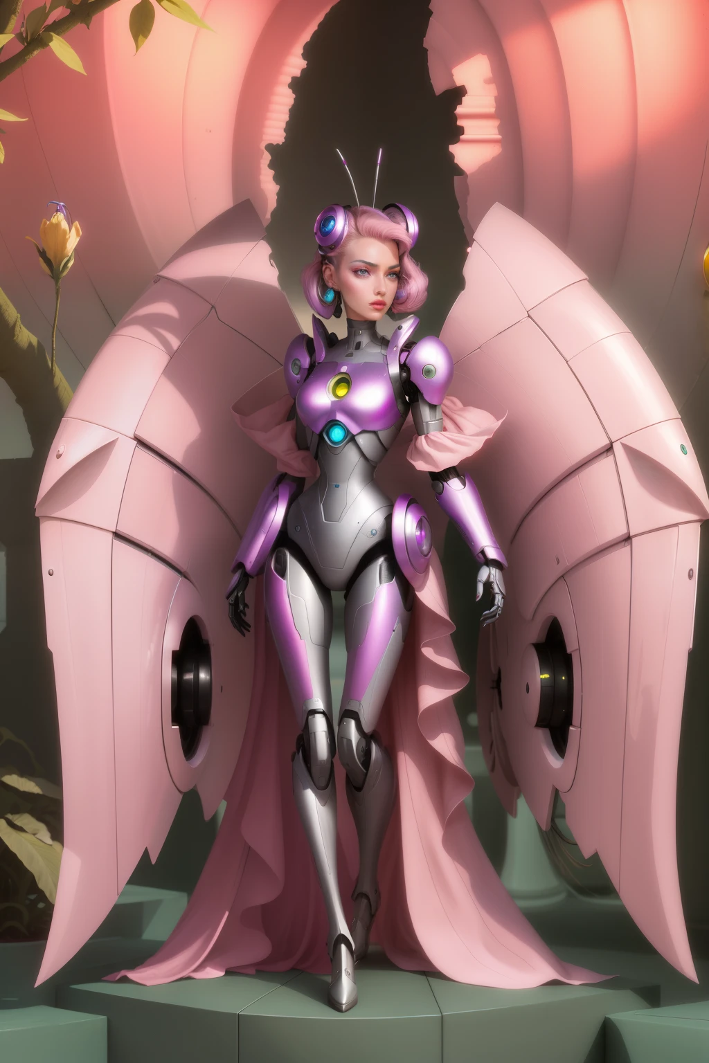 A beautiful female android robot thinking, herb ritts style, 50s style, colored, perfect light-pink iris, identical size and shape eyes and pupils, antennae earrings,