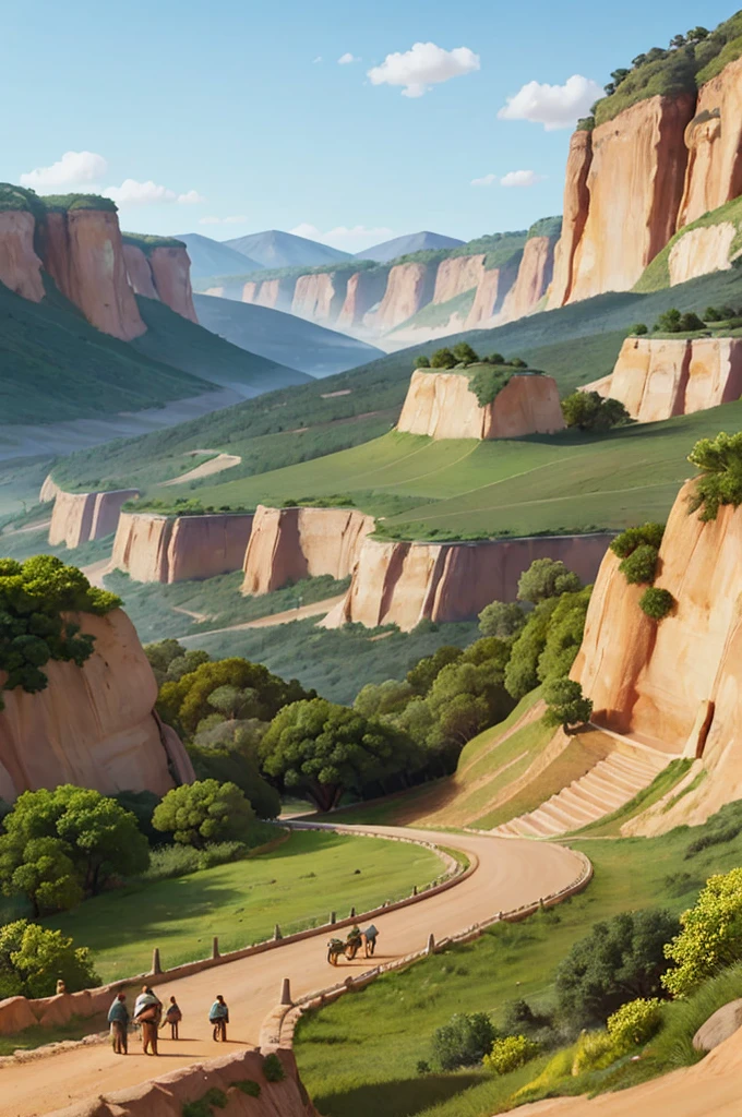 pintura feita em estilo aquarela, Feito em estilo desenho de cartoon, onde podemos ver uma estrada de terra que passa entre rios, cercada de vales obscuros e montanhas, in a desert setting, Use the watercolor technique used to create the image, highlighting the soft brushstrokes and translucent colors that bring the scene to life, com algumas tamareiras,