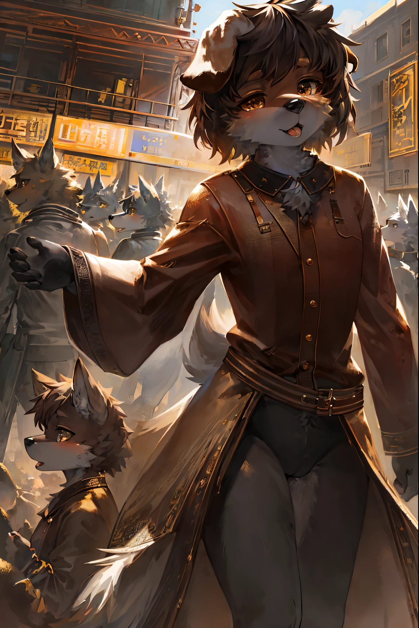 cover page, highres, top quality, best quality, paid reward available, unparalleled masterpiece, perfect artwork, absurdres, High-quality illustrations, super high resolution, detailed background, Crowded cityscape, Crowd, perfect anatomy(6+girls, 6+boys)(kemono)(furry)(Furry body, dog facial features, dog body features)(very detailed body fur)low angle full shot, shot from behind,