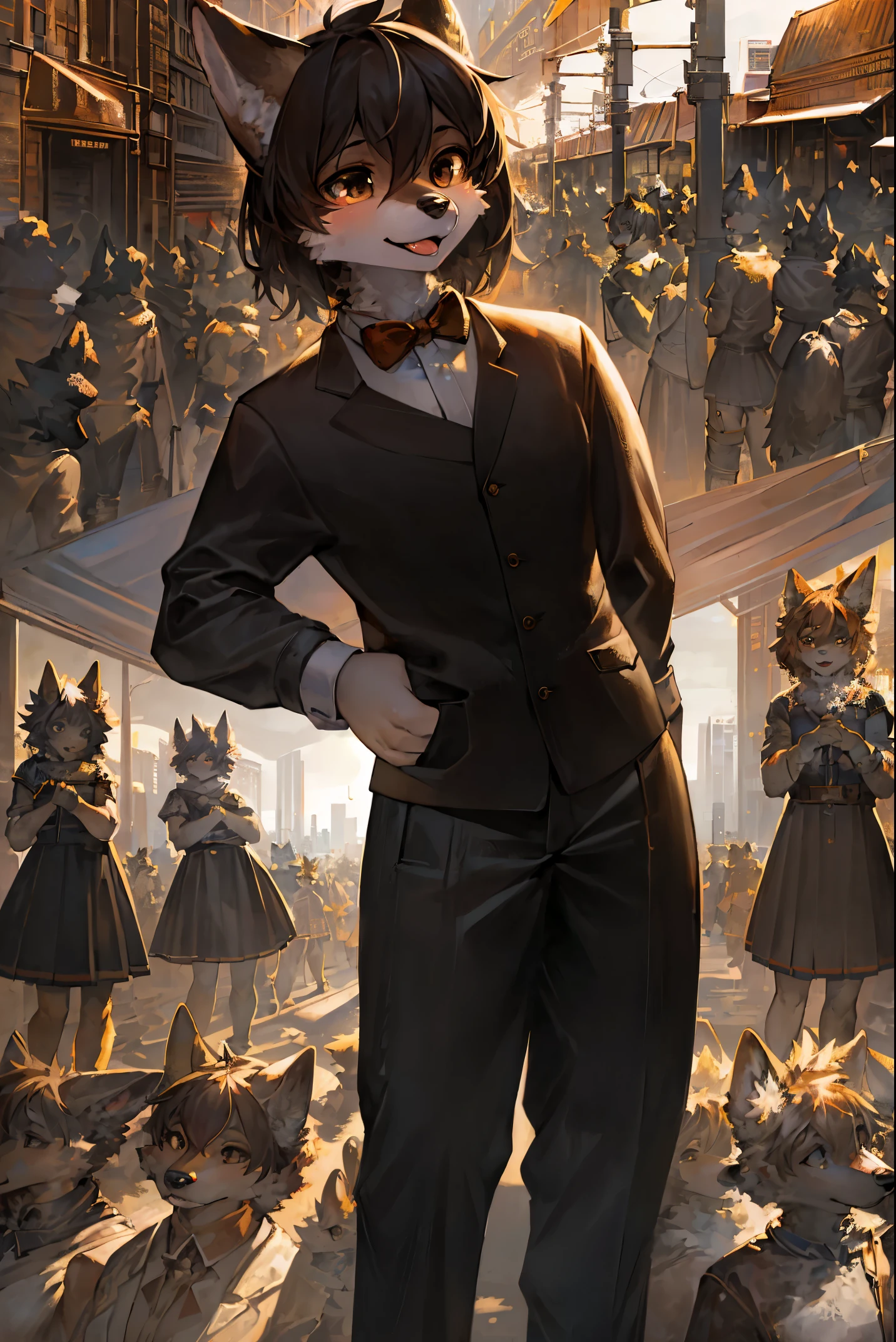 cover page, highres, top quality, best quality, paid reward available, unparalleled masterpiece, perfect artwork, absurdres, High-quality illustrations, super high resolution, detailed background, Crowded cityscape, Crowd, perfect anatomy(6+girls, 6+boys)(kemono)(furry)(Furry body, dog facial features, dog body features)(very detailed body fur)low angle full shot, shot from behind,