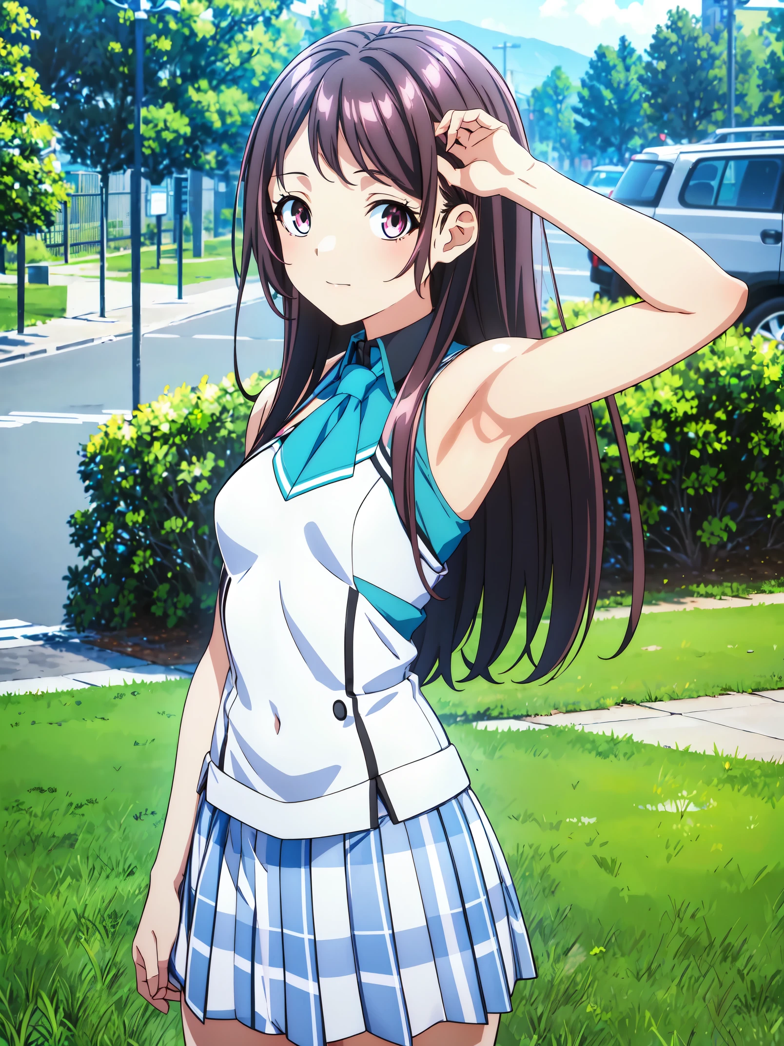 Show your armpits,Kaori Hojo, girl, (masterpiece: 1.1), (highest quality: 1.1), Upper body bikini, (white bikini: 1.1), (plaid mini skirt: 1.1), mini high waist skirt, break [green grass: pink, :0.5] theme, (Urban background: 1.1), denim lens, break Silver, length, green eyes, landscape, small chest, low length, girl, big breasts,