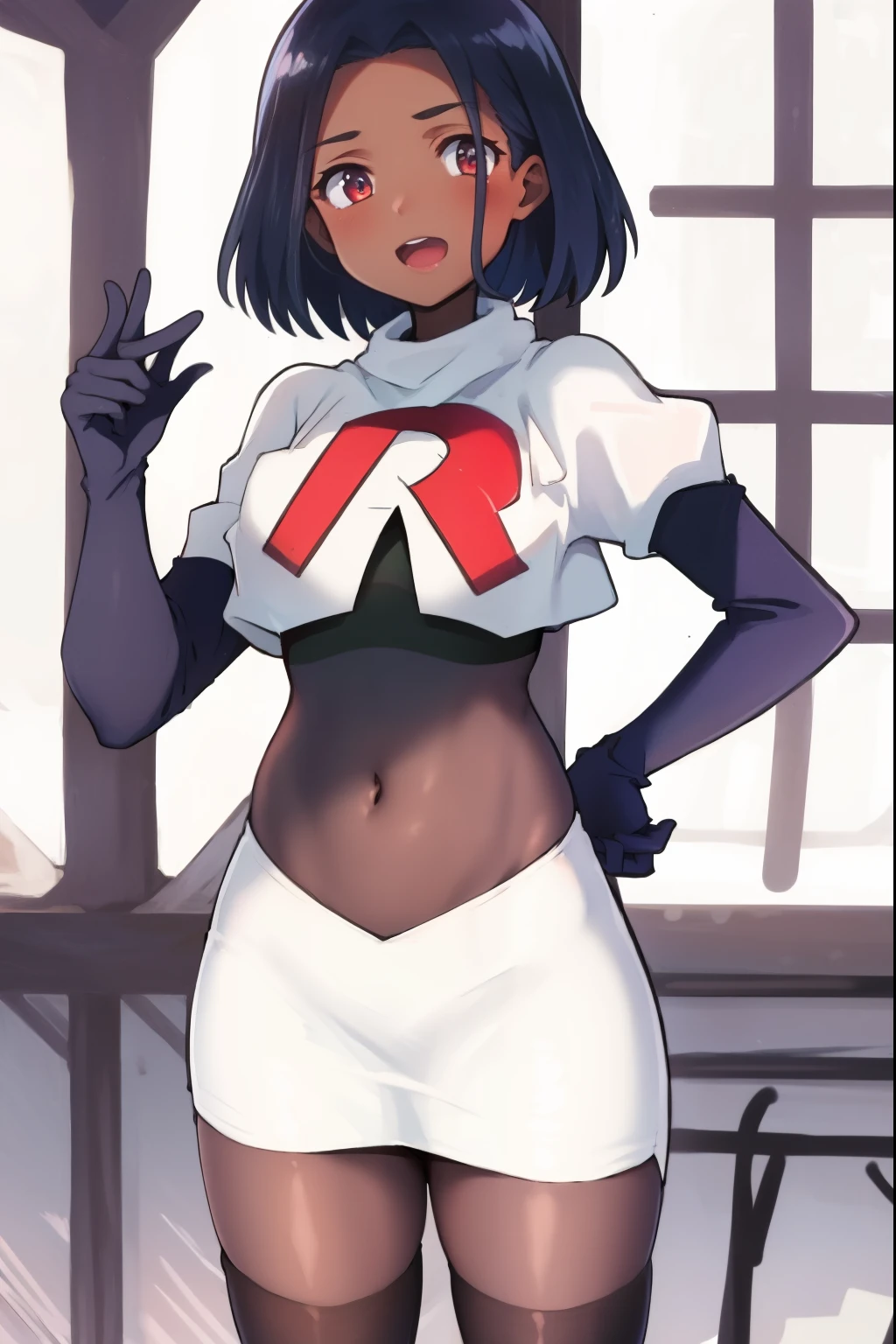 absurdres,masterpiece, best quality, highres, high quality, 1girl, dark skin,team rocket,team rocket uniform,white skirt,red letter R,crop top,black thigh-highs,black elbow gloves,