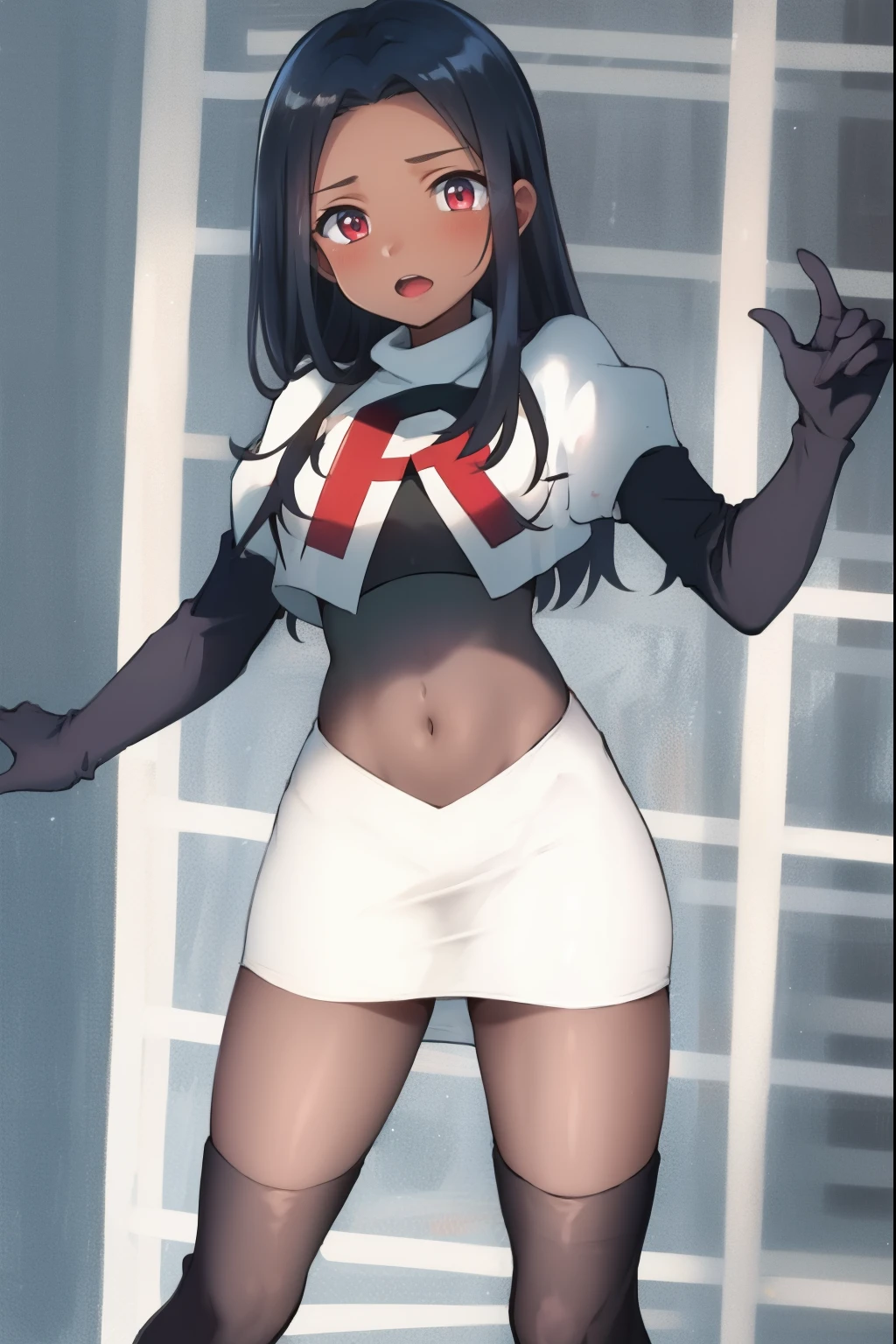 absurdres,masterpiece, best quality, highres, high quality, 1girl, dark skin,team rocket,team rocket uniform,white skirt,red letter R,crop top,black thigh-highs,black elbow gloves,