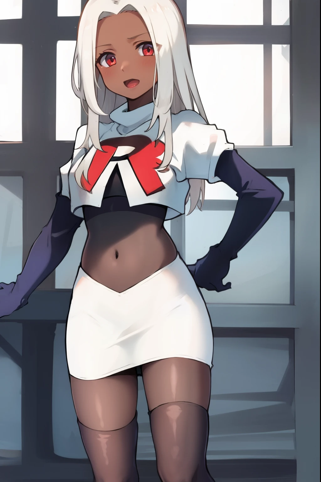 absurdres,masterpiece, best quality, highres, high quality, 1girl, dark skin,team rocket,team rocket uniform,white skirt,red letter R,crop top,black thigh-highs,black elbow gloves,