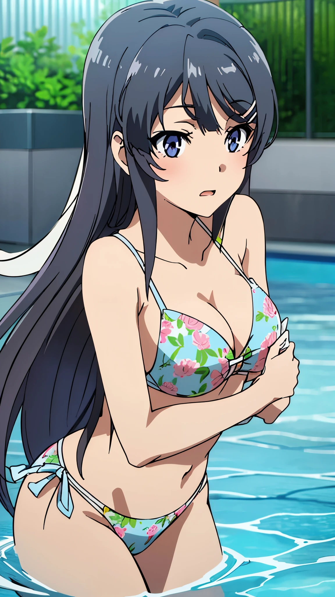 (highest quality:1.4), 8K resolution, Ultra HD, (High resolution:1.4), cinematic light, 1 young girl, embarrassed face, very fine eyes,medium-sized chest、clear white skin, beautiful breasts, Mini miniature bikini with cute floral pattern, (cleavage:1.3), outdoor, swimming pool, Clear blue sky,blush