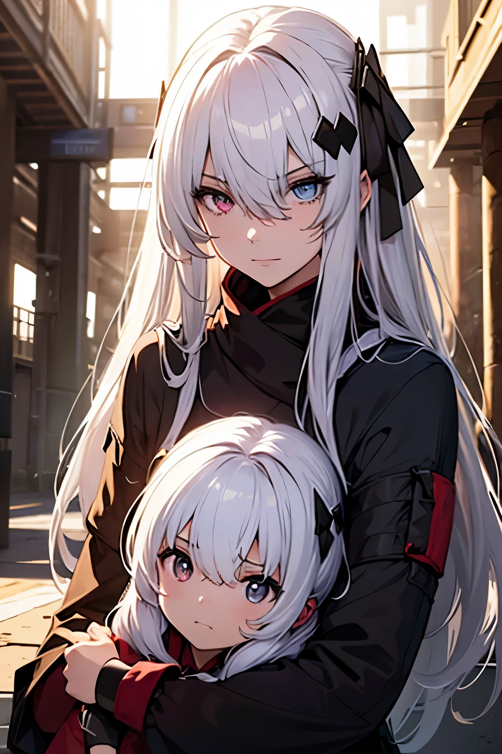 (masterpiece, best quality:1.2), illustration, 8k, hd, solo, (((2girls, mother and daughter,))) bangs, hair between eyes, white hair, red eyes,  heterochromia eyes, 