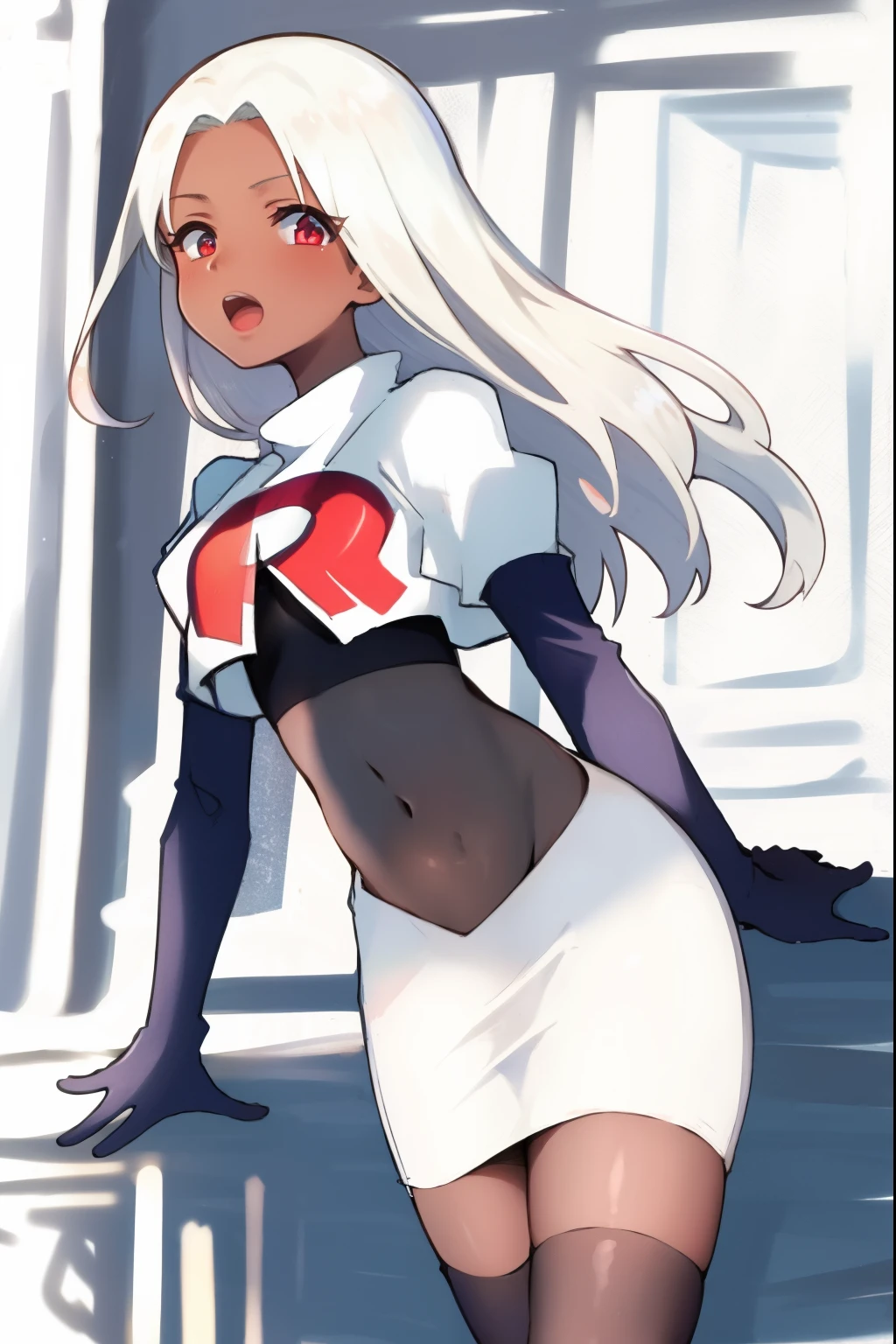 absurdres,masterpiece, best quality, highres, high quality, 1girl, dark skin,team rocket,team rocket uniform,white skirt,red letter R,crop top,black thigh-highs,black elbow gloves,