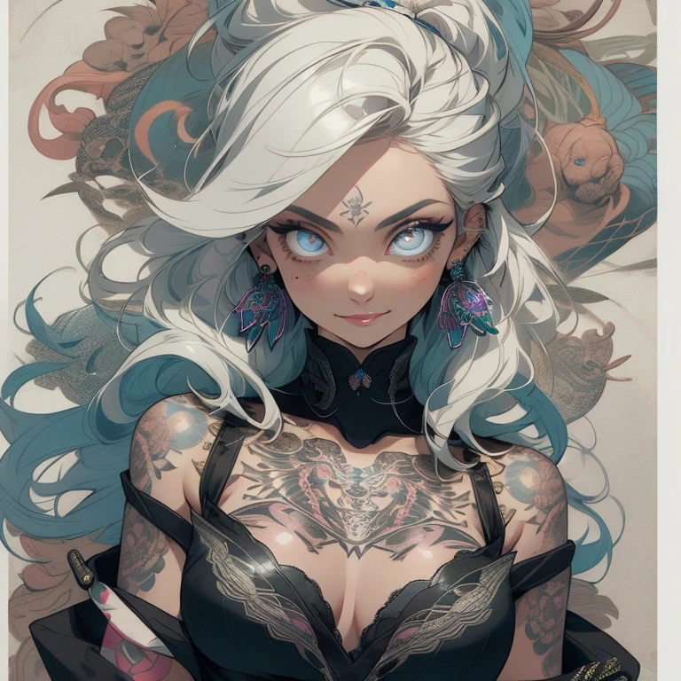 (highest quality),(((girl with tattoos))),perfect physical beauty,(Super beautiful woman),Fancy hair color,earrings,big breasts,Emphasize cleavage,32k,mandala,Geometric pattern,coat of arms,Detailed tattoo,(((detailed eyes))),Charm,The face is beautiful,background is white,smile,Japanese sculpture,stick out tongue,