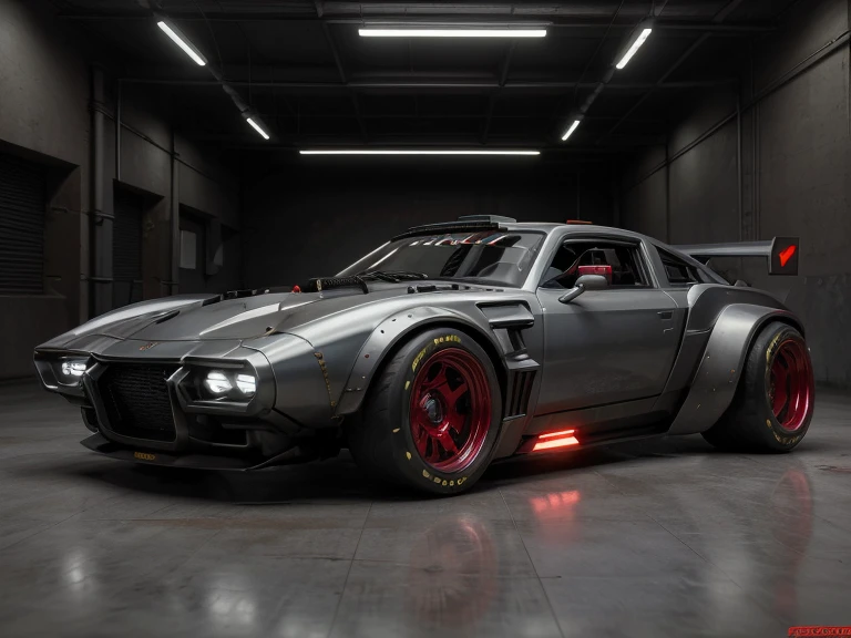 a front view 3/4 de ((futuristic cyberpunk hotrod zeekars)) (com pneus brilhantes), no estaciona mento, with machine guns on its ceiling and blood red colors