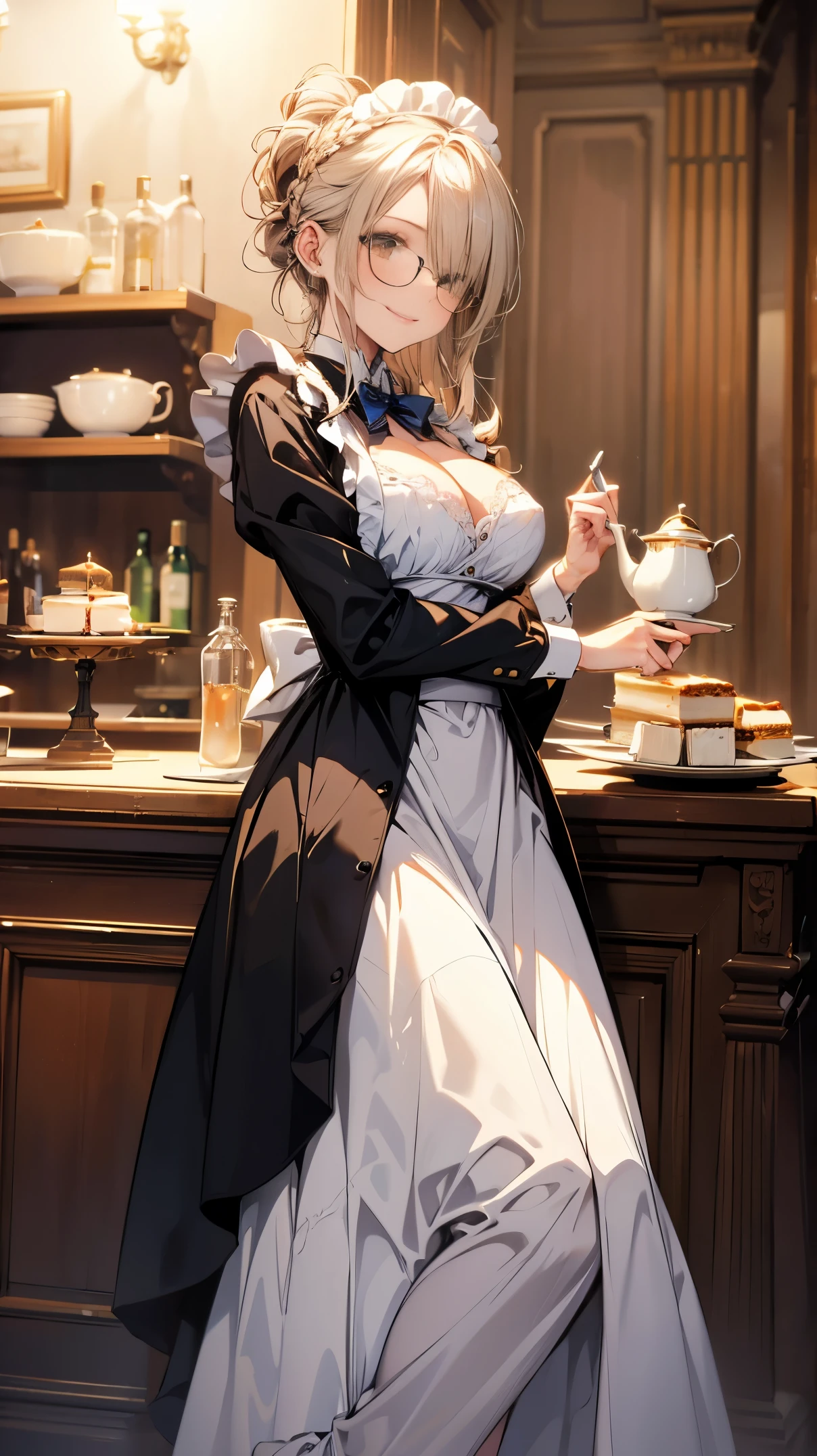 (best quality, masterpiece), (ultra high resolution, 8K RAW photo, photo realistics:1.5, cinematic lighting, textile shading, thin outline, clear focus:1.2), Beautuful Matured woman preparing tea_party in the garden, standing by the round table, serving a cup of tea, leaning forward, (meisen's tea set, tea pot, tea cups, some cakes on dish), delicate and classy French style white table with gold accents and royal_blue, (wearing light_brown maid uniform:1.7, breast cleavage, maid costume:1.2, long flare skirts, apron, bow ties on the chest), long tall sally, long legs, white hair, (wearing thin-flame glasses:1.2), (milf:1.5, 28 years old, solo), (large breast, sagging breast, big tits, narrow waist), (medium short white hair, hair over one eye, (updo hair:1.2), side lock, asymmetric hair, wavy hair), (fine bright pupils, high detailed eyes with highlight:1.3, high detailed face, Perfect face shape, eye rush), (seductitve smiling, half-closing eyes:1.2), (looking at viewers:1.3), (dutch angle, full body:0.7, from below:1.2), ((correct anatomy:1.5, correct hands)), (ideal ratio of body proportions), (outdoor:1.2, grass field), 