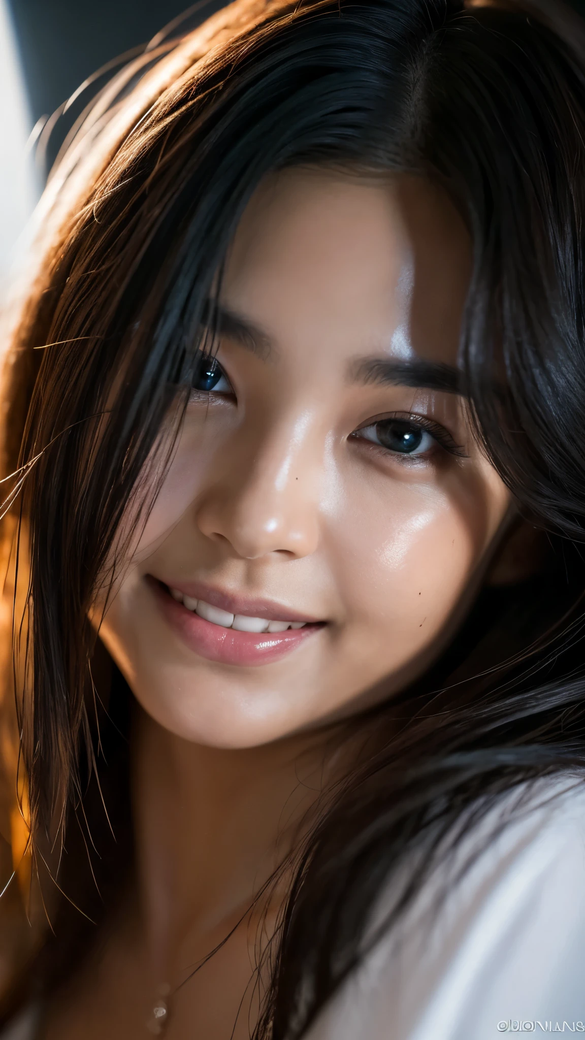 highest quality, epic realistic, ((in the pitch black darkness :1.4)), ((portrait:1.5)),(background: dark ) high contrast ,glorious picture, lowest lux, lighting face, she's comfortable, wearing white lingerie, looks incredible, (8k, Raw photo, Highest quality),(epic realistic:1.5), a woman, face,(detailed eyes:0.8),(looking at the camera:1.4), (Highest quality), ( high contrast, deep shadows),Intricate details,cinematic,((skin:1.4)), (long dark hair:1.3), long hair, messy ,(Hdr:1.5),Detailed, colors, Superior quality, Masterpiece, Raw Photo (20-year-old, looking at viewer), beautiful, (wearing underwear,), perfect, natural, perfect composition, portrait, perfect face, smiling expression, Captivating eyes, Bright details, Tight lips, (High Skin Detail),, (blue tint: 0.6), (sale: 0.8), (bloody: 0.7), Key lighting , (backlight: 0.5), Medium depth of field, Canon 5d, 50mm lens, f/4 apertures, (Ultra-detailed, Complex detail), sharp focus, soft colors, 8k, Absurd, 80mm, dark background, photography, smiling, pinay, filipina, medium boobs,