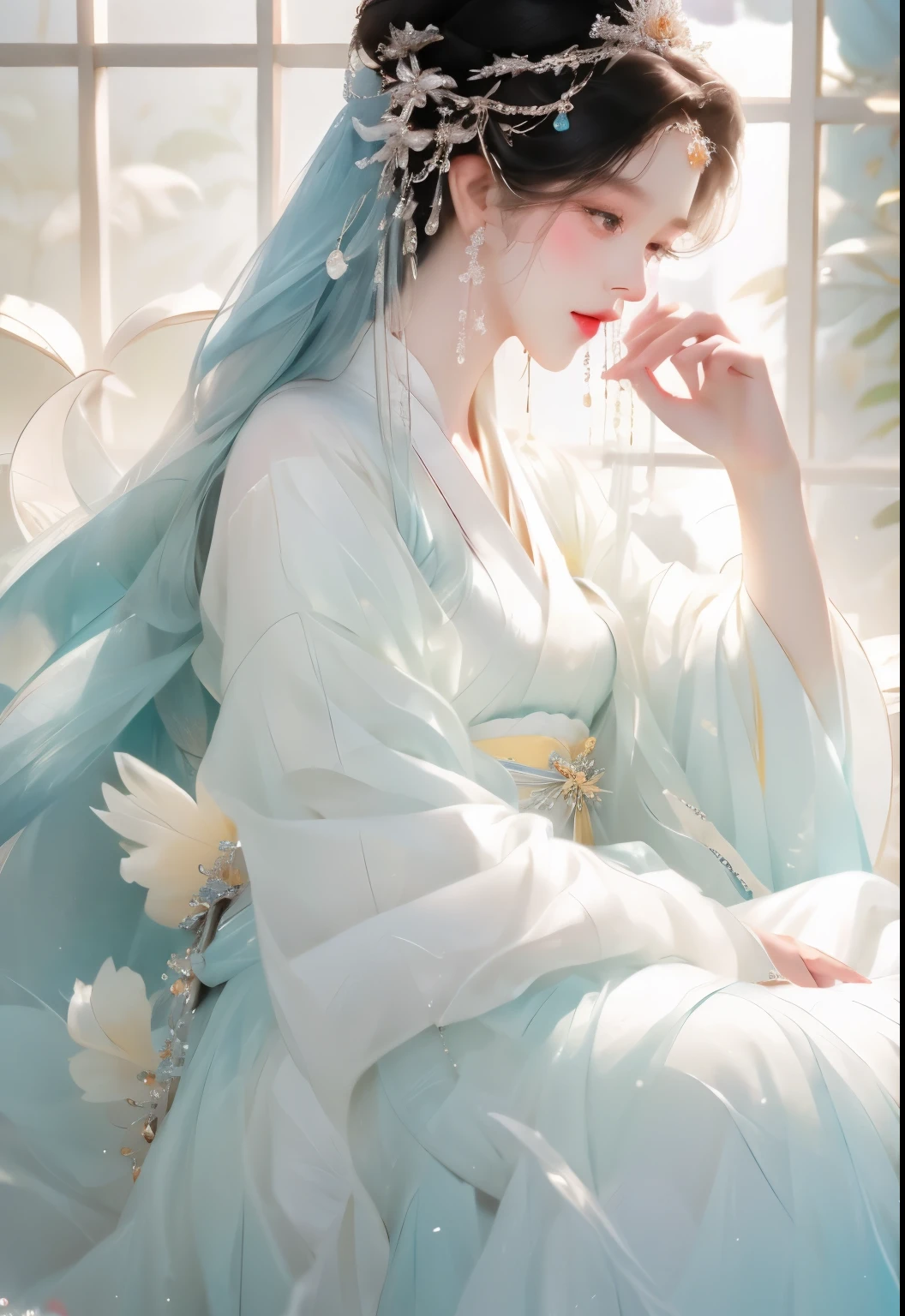 Close-up of a woman wearing a skirt and tiara, palace ， A girl wearing Hanfu, ((beautiful fantasy queen)), beautiful fantasy queen, guweiz, guweiz style artwork, beautiful figure painting, ancient chinese princess, Inspired by Qiu Ying, Hungry Ghost Festival, chinese princess
