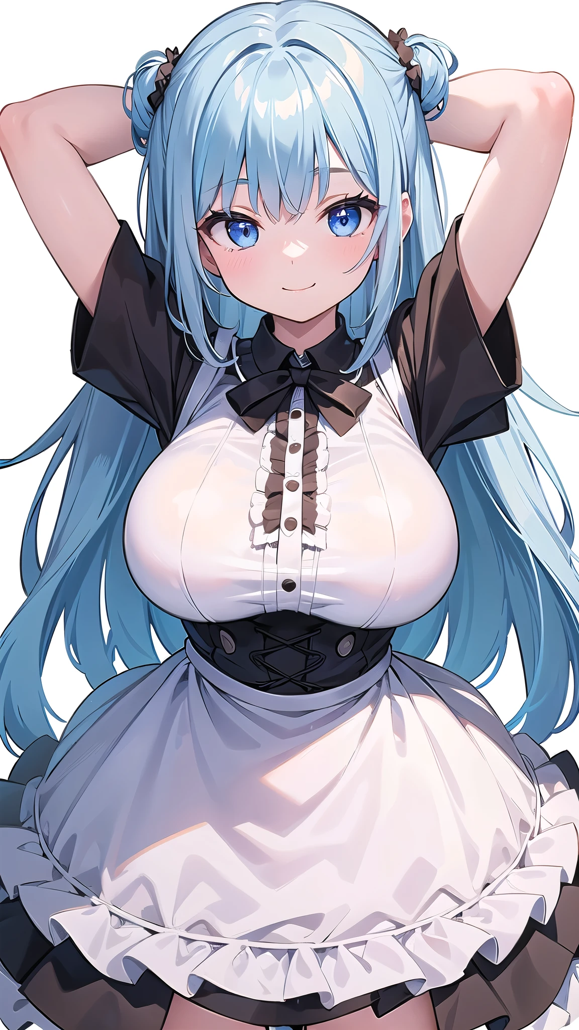 (Masterpiece),Best Quality, ultra-detailed, perfect hands, Delicate eye expression, 1girl (rinko_iori, Sexy, A voluptuous and sexy body, huge breasts,  naked body, dark blue hair,  long hair, blue eyes (empty eye)),closed mouth, Solo, nude,  maid (black, miniskirt),maid headdress, white lace thighhighs,skirt lift, in front of the bedroom door, standing, Rinko is lifting her skirt in front of the man sitting in front of her.. Sexy waist teasing, wicked smile,pussy,  cumdrip from her pussy ,