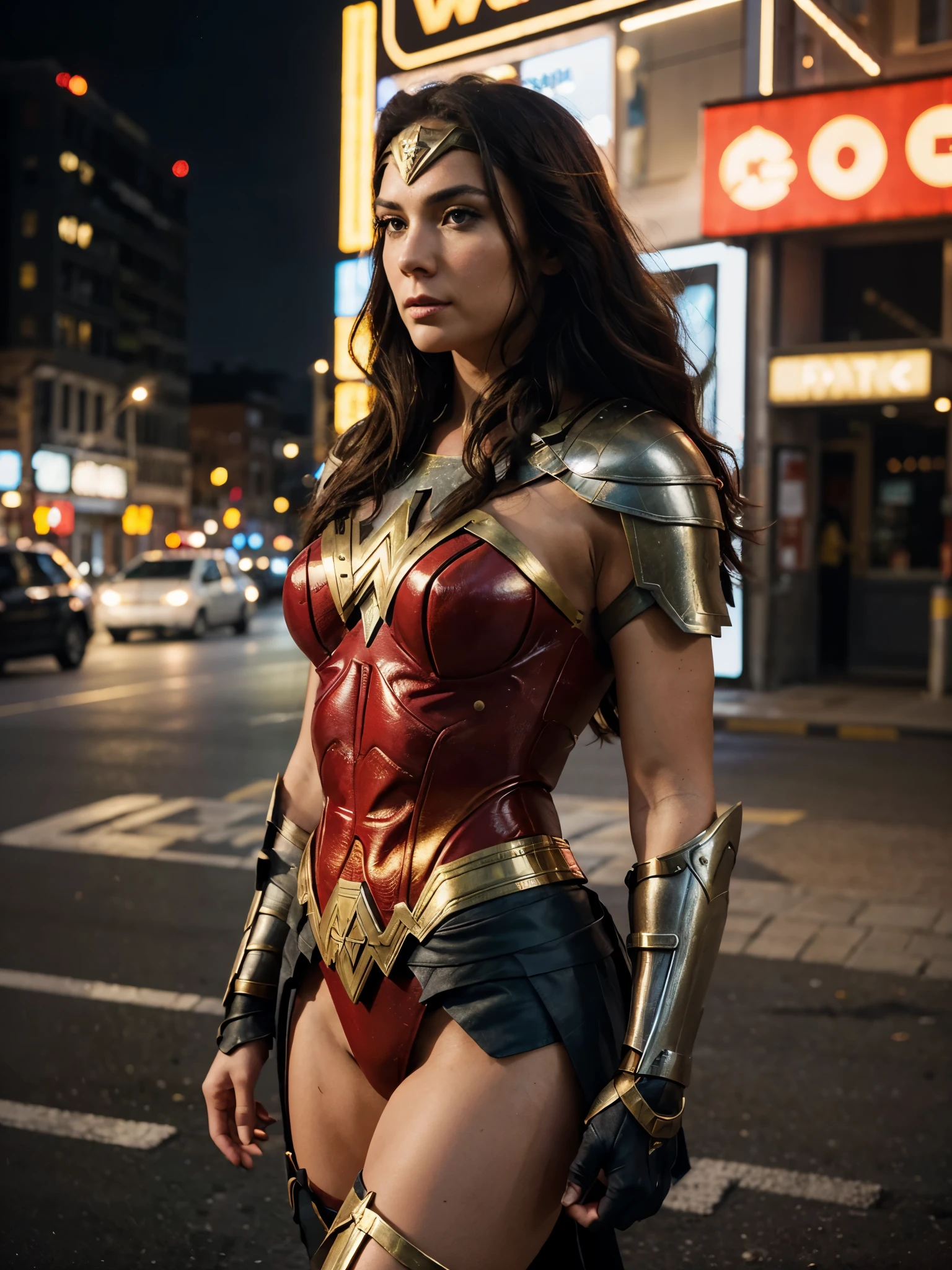 A photograph of a strong, heroic female warrior, resembling Wonder Woman but with original features. She's standing powerfully against a backdrop of a bustling modern city. The city is alive with lights and movement, contrasting her timeless warrior essence. Her costume is a unique blend of ancient armor and modern superhero elements, predominantly red and gold. Taken on: a high-resolution camera, showcasing sharp details and vibrant colors, X prompt, hd quality, natural look