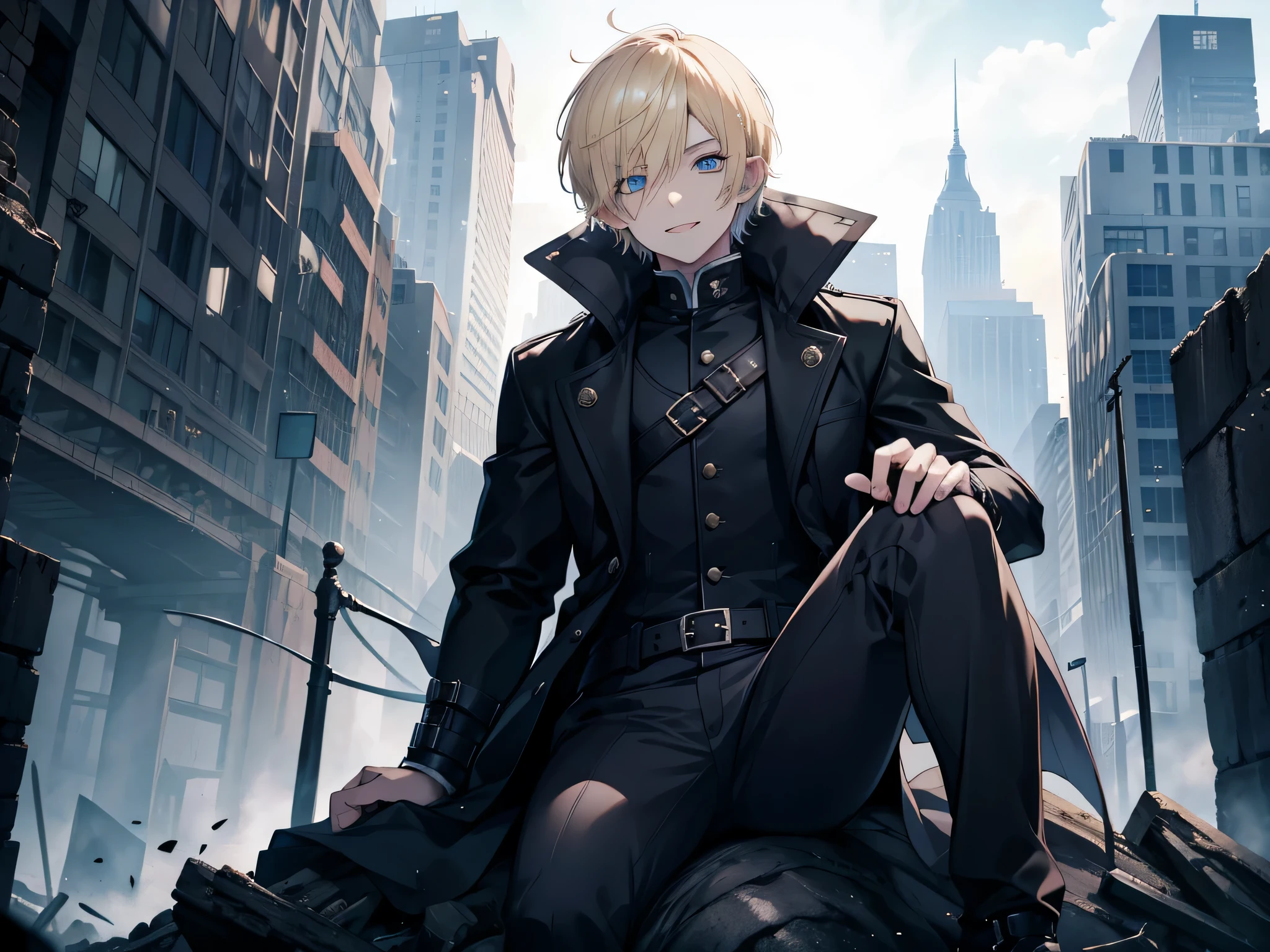 1 man, blonde short hair, blue eye colors, face to detail, detailed eyes, wearing adventurer outfit and black coat, sitting on top of monster corpses, toothy smile, monster apocalypse, the background is destroyed city