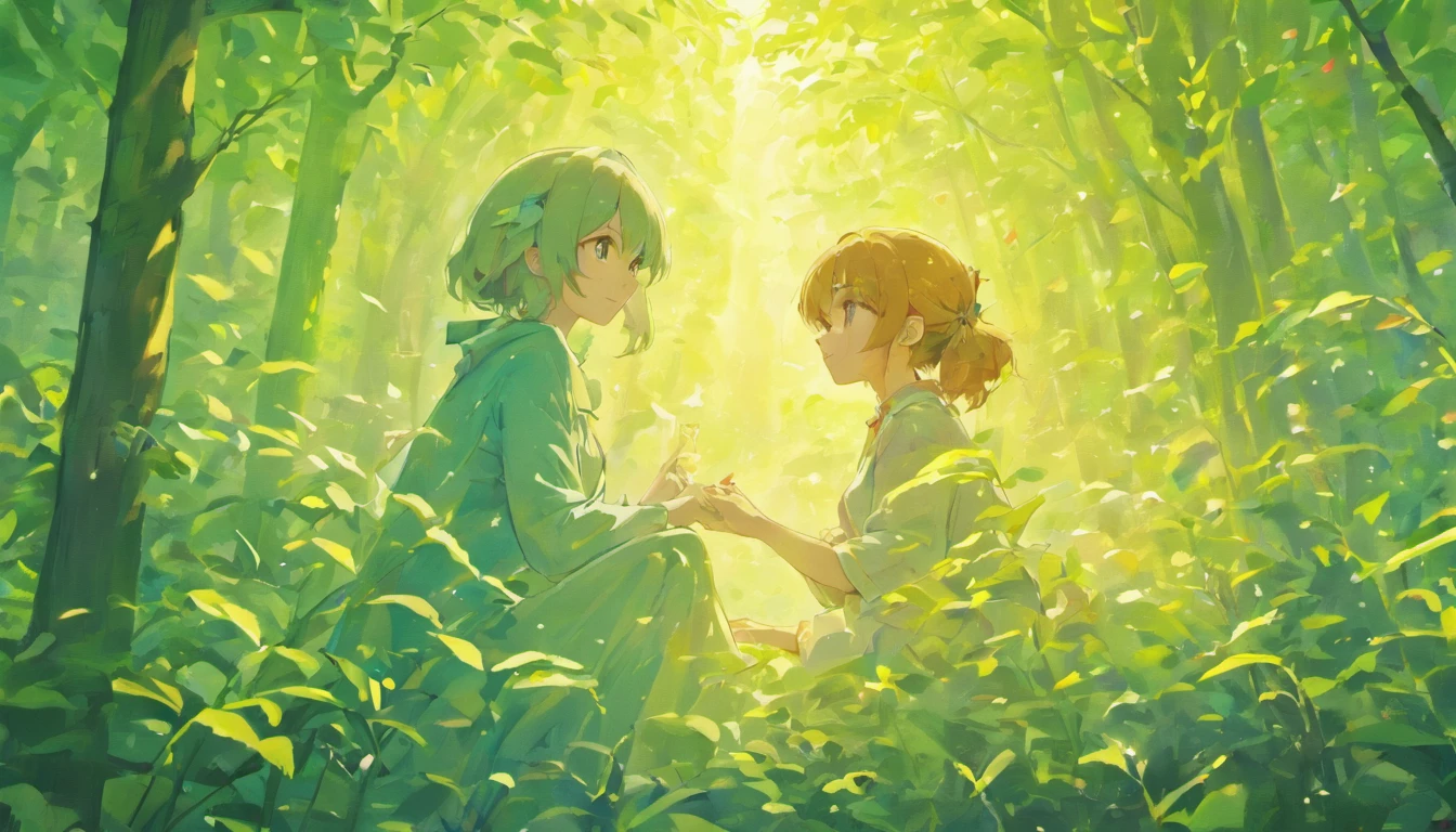 Mother and 、A mother looks at her child a gentle smile(boy)Gently put transparent feathers on the back of、A world of pale sunlight filtering through the leaves where life is born、watery forest、fantasy、Japanese style super high quality animation movie、anime manga style illustration、Xin Haicheng