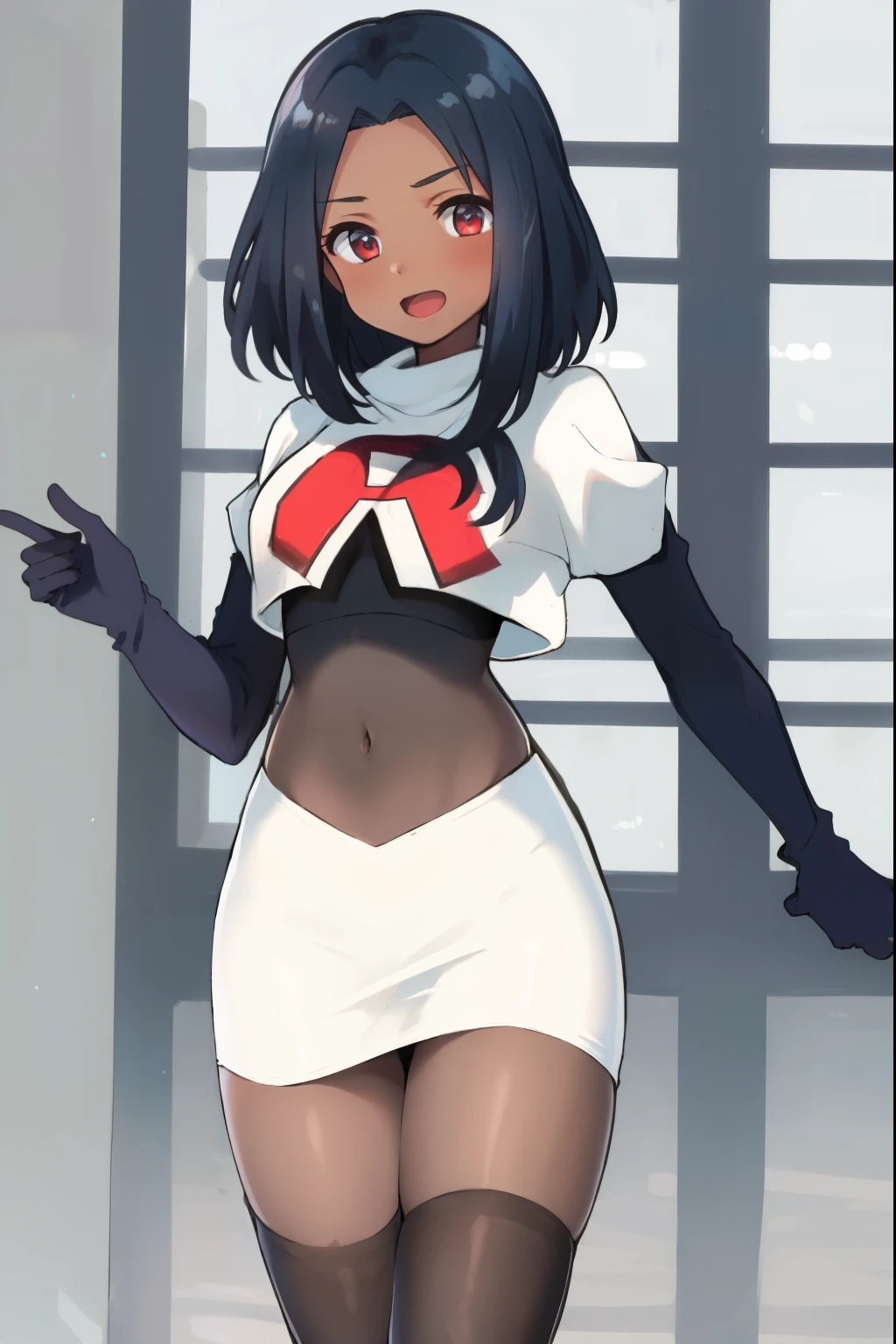 absurdres,masterpiece, best quality, highres, high quality, 1girl, dark skin,team rocket,team rocket uniform,white skirt,red letter R,crop top,black thigh-highs,black elbow gloves,