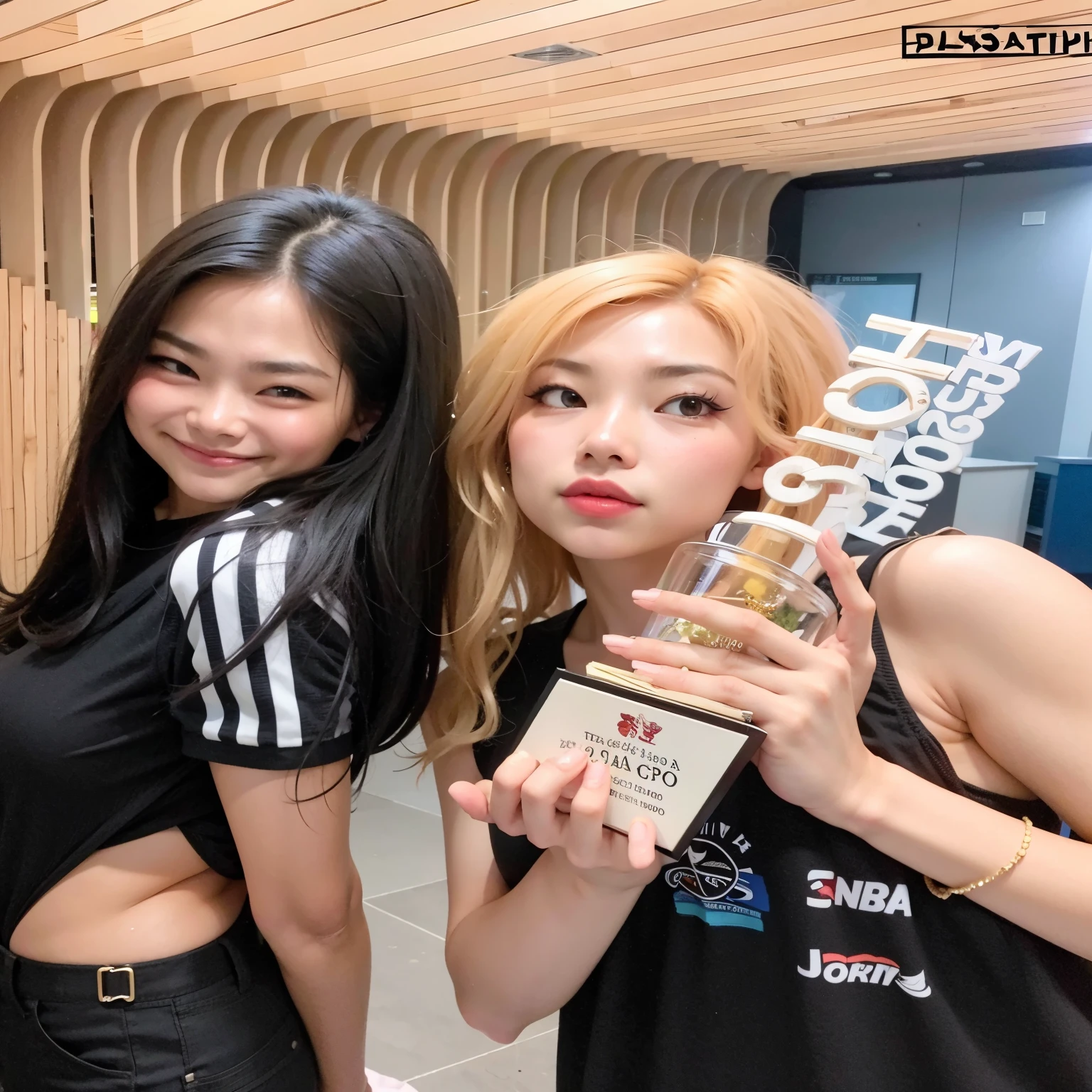 two women posing for a photo with a trophy in front of a wall, roseanne park of rosa negra, jossi of rosa negra, KDA e Sam Yang, rosa negra jennie, rosa negra, lalisa manoban of rosa negra, Lalisa Manobal, korean idol, jisoo of rosa negra, 🤬 🤮 💕 🎀, jisoo from rosa negra, taejune kim, melhor artista