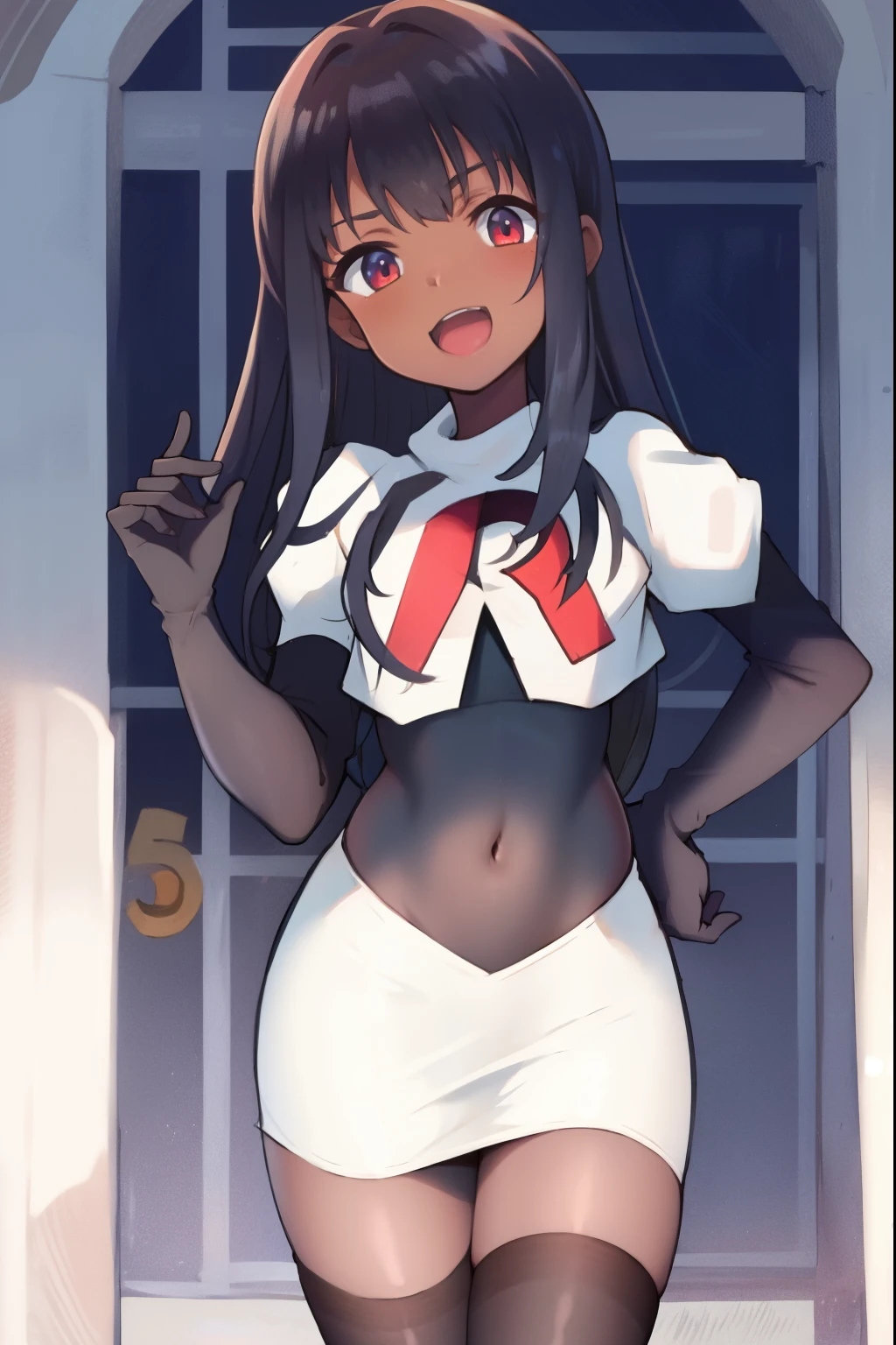 absurdres,masterpiece, best quality, highres, high quality, 1girl, dark skin,team rocket,team rocket uniform,white skirt,red letter R,crop top,black thigh-highs,black elbow gloves,
