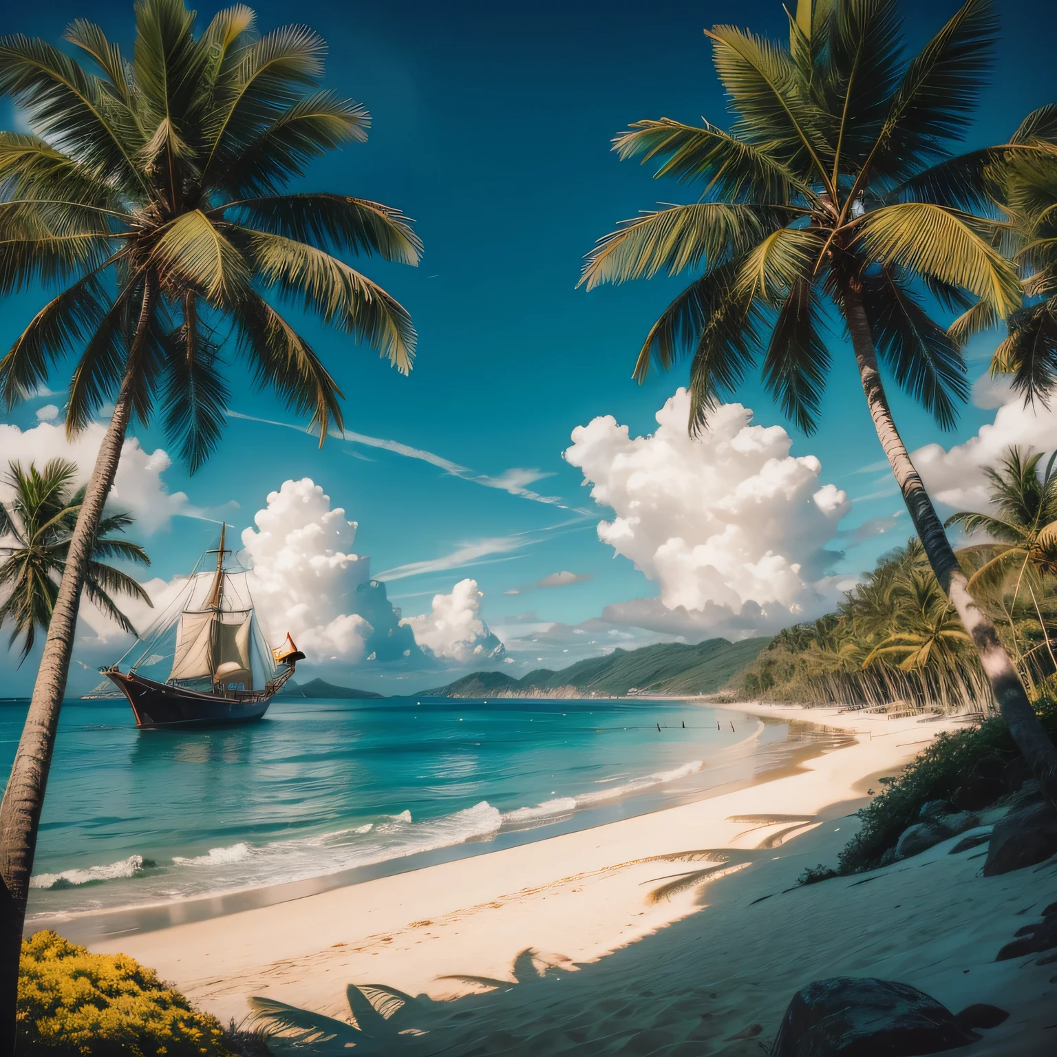 A mountain full of vegetation by the beach with rows of green coconut trees, altos e curvados, com uma pequena faixa de areia depois, mar azul cristalino e nele um navio pirata grande, antigo e muito detalhado, several sails and windows in the hull, atmosfera amarelada de entardecer, cores amarelas, realista, 4k, very high resolution