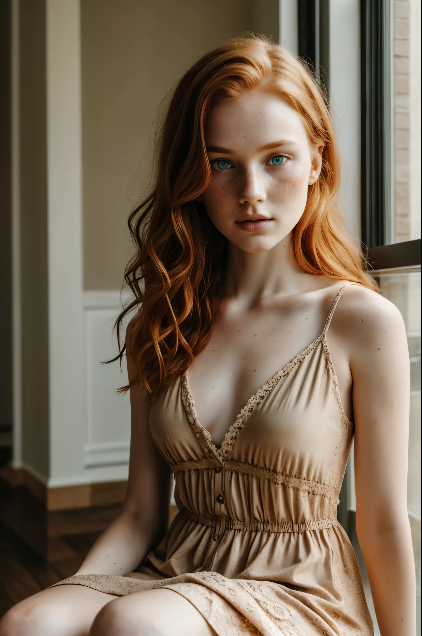 1girl in, 19, Solo, Aesthetic artwork, irish redhead, wavy ginger hair, shoulder length ginger hair, gray eyes, light grey eyes, some small freckles, pale skin, A-cup, small breasts, runners body, (textured skin, skin pores:1.1), (moles:0.8), imperfect skin, goosebumps, sitting down having coffee, drinking coffee, (extremely detailed 8k wallpaper), soft lighting, high quality, film grain, Fujifilm XT3 sharp focus, f 5.6, 50mm, High Detail, Sharp focus,(natural light), in a brown colored dress. A brown sundress, floral pattern sundress, crazy details, complex details, hyperdetailed
