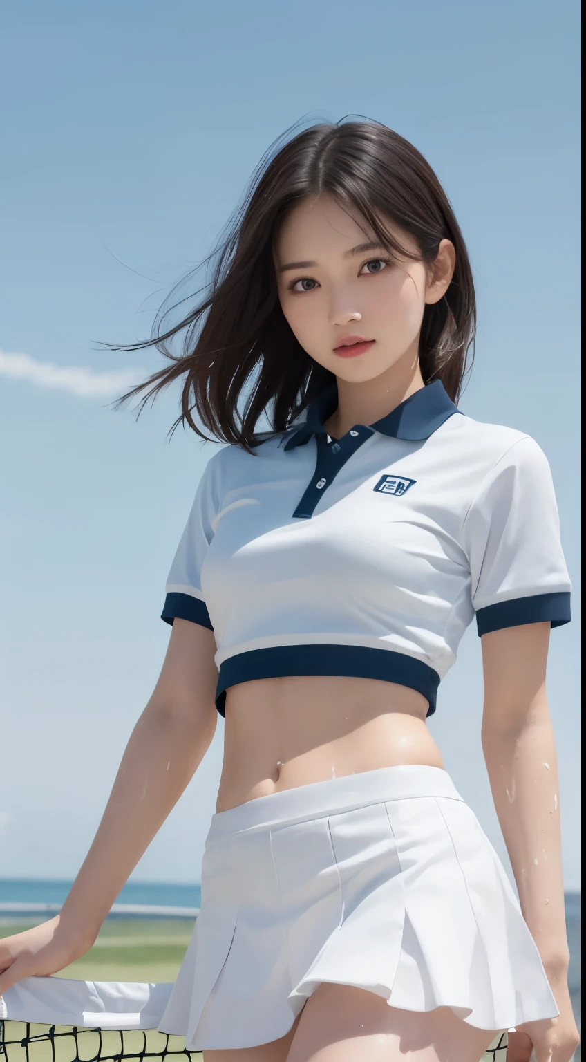 1 girl, solo, white polo shirt, white sneakers, pink tennis wear: 1.3, white mini skirt, masterpiece, top quality, realistic, hyper detail, (glossy skin, sweaty: 1.4), absurdity, camera gaze, short black hair, brown eyes, slender, dynamic lighting, high resolution, sharp focus, depth of field, detailed eyes, sharp eyes, realistic eyes, (big: 1.2), (Thick Thighs: 1.0), Outdoor, Sky, Korean Idol, Nogizaka Idol, Gravure Idol, Actress,Girl holding a bouquet of flowers standing on the beach