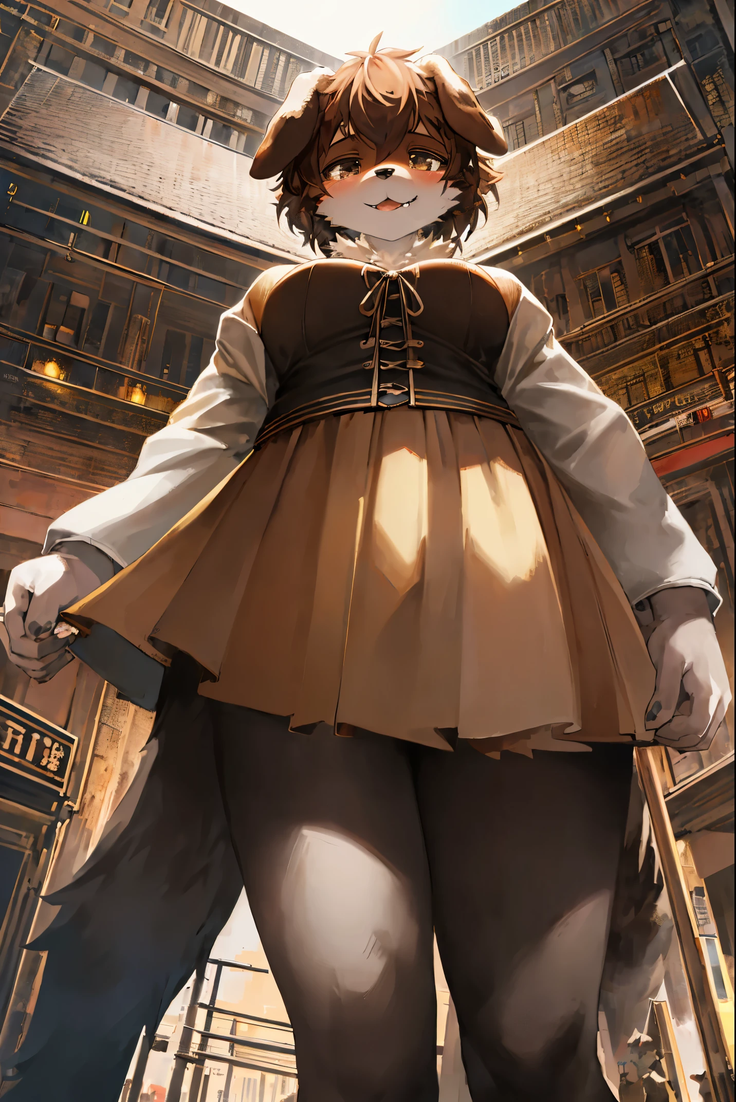 cover page, highres, top quality, best quality, paid reward available, unparalleled masterpiece, perfect artwork, absurdres, High-quality illustrations, super high resolution, detailed background, Crowded cityscape, Crowd, perfect anatomy(6+girls, 6+boys)(kemono)(furry)(Furry body, dog facial features, dog body features)(very detailed body fur)low angle full shot, shot from behind,