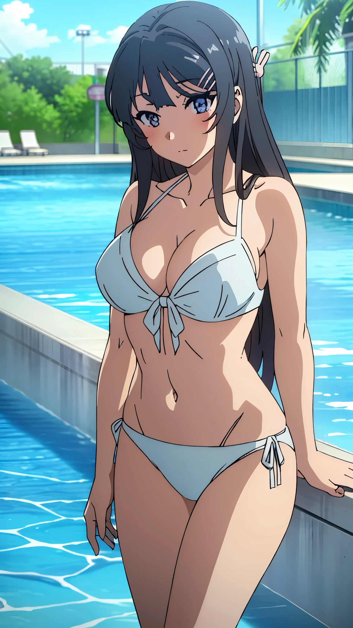 (highest quality:1.4), 8K resolution, Ultra HD, (High resolution:1.4), cinematic light, 1 girl, embarrassed face, very fine eyes,medium-sized chest、clear white skin, beautiful breasts, bikini, (cleavage:1.3), outdoor, swimming pool, Clear blue sky,blush、looking at the viewer