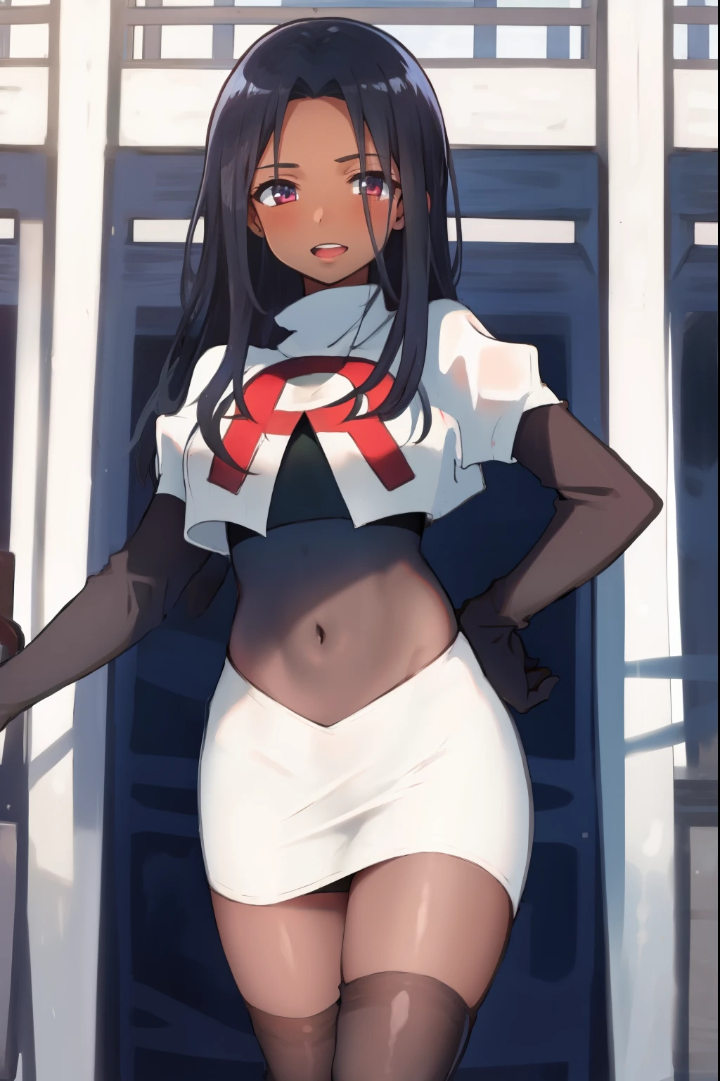 absurdres,masterpiece, best quality, highres, high quality, 1girl, dark skin,team rocket,team rocket uniform,white skirt,red letter R,crop top,black thigh-highs,black elbow gloves,