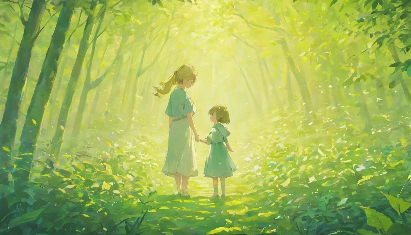 Mother and child、A mother looks at her child with a gentle smile(boy)Gently put transparent feathers on the back of、A world of pale sunlight filtering through the leaves where life is born、blue forest like water、fantasy、Japanese style super high quality animation movie、anime manga style illustration、Xin Haicheng