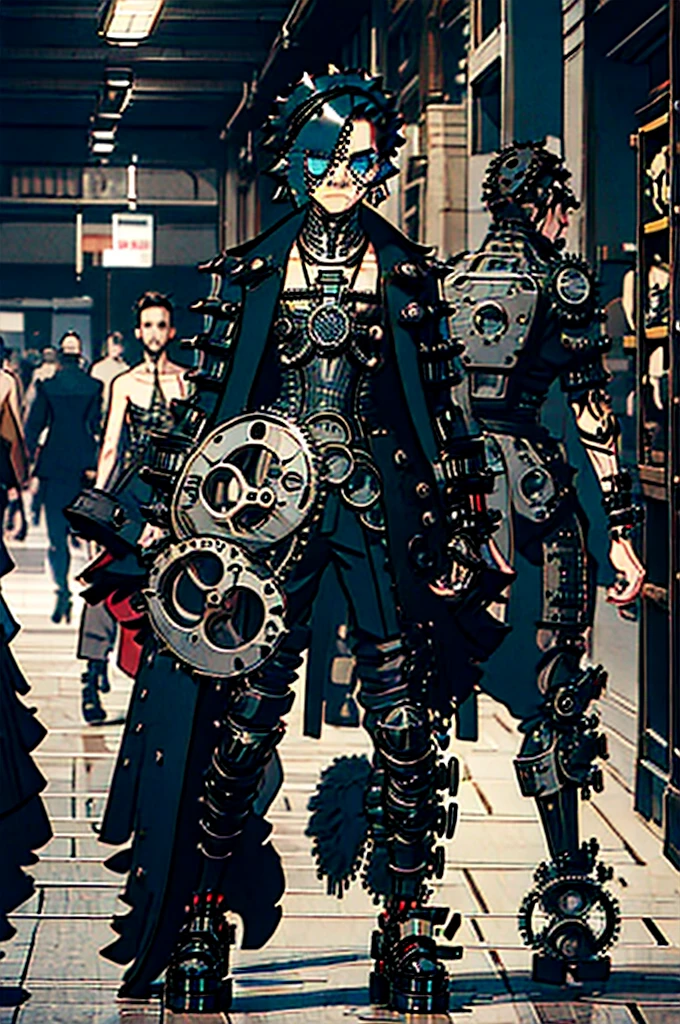 (machine cog theme:1.3), street wear, male, man, boy, (avant garde fashion:1.2), (wearable art:1.2), (couture:1.2), oversized clothing, skintight clothing, fullbody