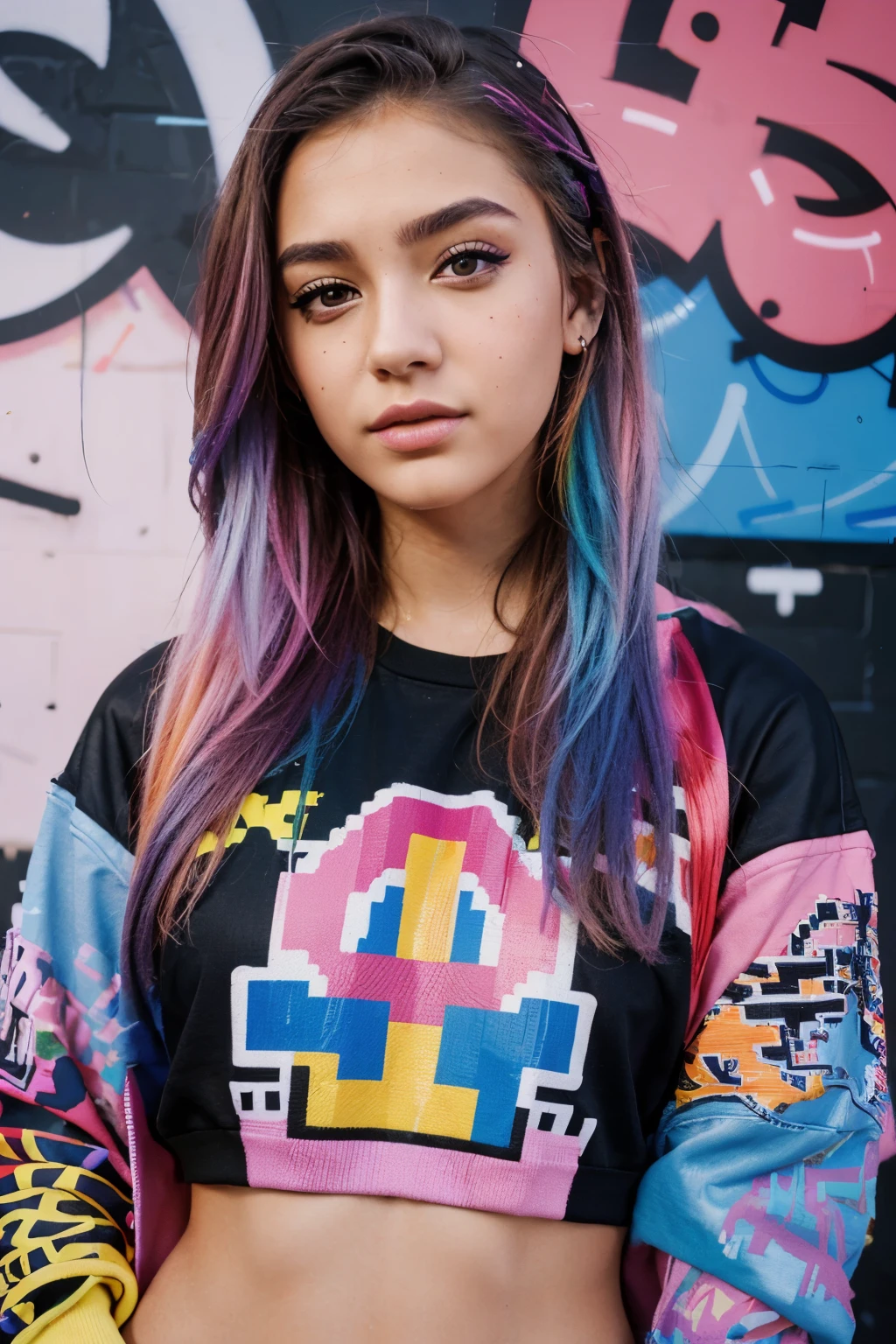 An e-girl with realistic features, vibrant colors, and a pixilated graffiti background. (best quality, realistic:1.37), e-girl, vibrant colors, realistic details, pixilated graffiti background