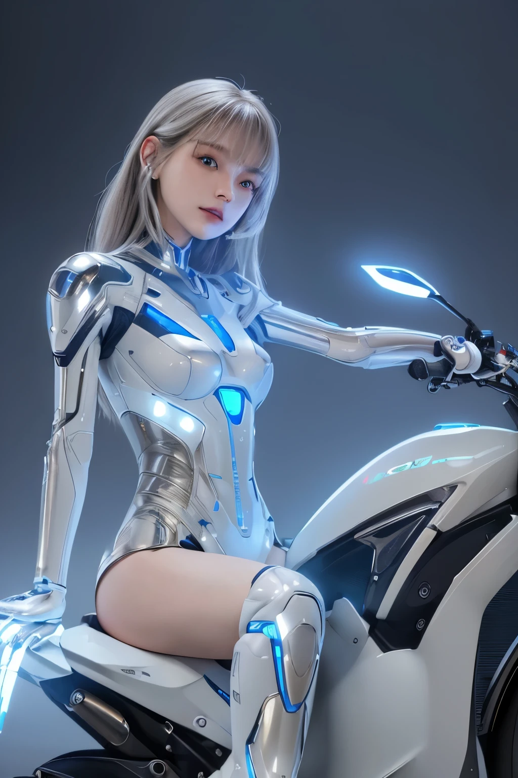 ((best quality)), ((masterpiece)), ((perfect face))、((Female android body))、((White, supple, beautiful and delicately designed metal female body))、Science fiction、(((You can see the tips of the metallic boots)))、indirect is mechanical、thin line of blue light、(((Riding a detailed sci-fi streamlined electric motorcycle)))、((symmetrical face))、short hair、smile