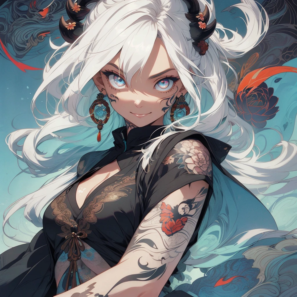 (((highest quality))),(((32k))),(((girl with tattoos))),very delicate face,perfect physical beauty,(Super beautiful woman),Fancy hair color,earrings,(((big breasts))),(Emphasize cleavage),32k,mandala,Geometric pattern,coat of arms,Detailed tattoo,(((detailed eyes))),Charm,The face is beautiful,background is white,smile,Japanese sculpture,stick out tongue,Bodhidharma,Yasa,Demon Fox,