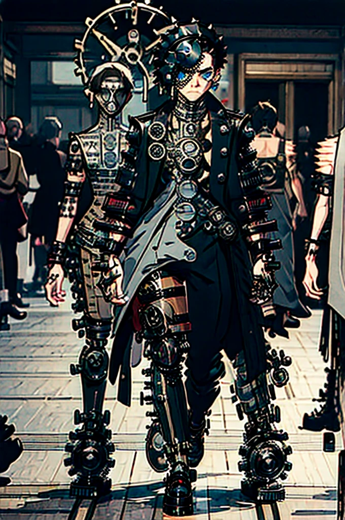 (machine cog theme:1.3), street wear, male, man, boy, (avant garde fashion:1.2), (wearable art:1.2), (couture:1.2), oversized clothing, skintight clothing, fullbody