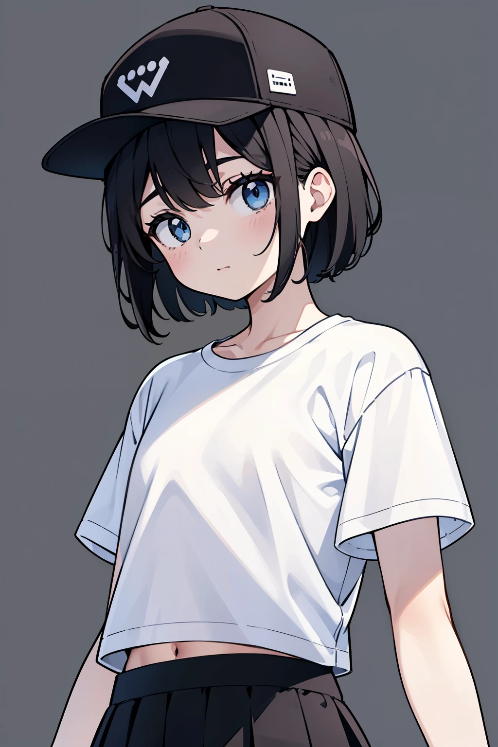 1girl, solo, blue eyes, (detailed eyes), flat chest, short hair, black hair, baseball cap, white cap, ((white t-shirt)), simple t-shirt, black skirt, black socks, standing, upper body, (white background), Transparent background, looking down, ((masterpiece, illustration, best quality)) 