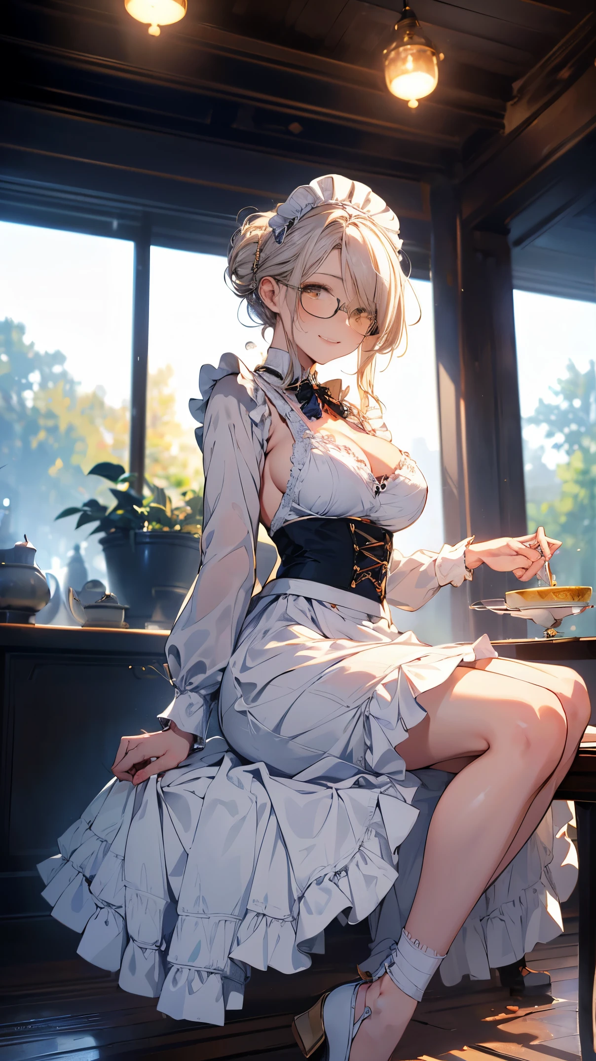 (best quality, masterpiece), (ultra high resolution, 8K RAW photo, photo realistics:1.5, cinematic lighting, textile shading, thin outline, clear focus:1.2), Beautuful Matured woman preparing tea_party in the garden, standing by the round table, serving a cup of tea, leaning forward, (meisen's tea set, tea pot, tea cups, some cakes on dish), delicate and classy French style white table with gold accents and royal_blue, (wearing light_brown maid uniform:1.7, breast cleavage, maid costume:1.2, long flare skirts, apron, bow ties on the chest), long tall sally, long legs, white hair, (wearing thin-flame glasses:1.2), (milf:1.5, 28 years old, solo), (large breast, sagging breast, big tits, narrow waist), (medium short white hair, hair over one eye, (updo hair:1.2), side lock, asymmetric hair, wavy hair), (fine bright pupils, high detailed eyes with highlight:1.3, high detailed face, Perfect face shape, eye rush), (seductitve smiling, half-closing eyes:1.2), (looking at viewers:1.3), (dutch angle, full body:0.7, from below:1.2), ((correct anatomy:1.5, correct hands)), (ideal ratio of body proportions), (outdoor:1.2, grass field), 