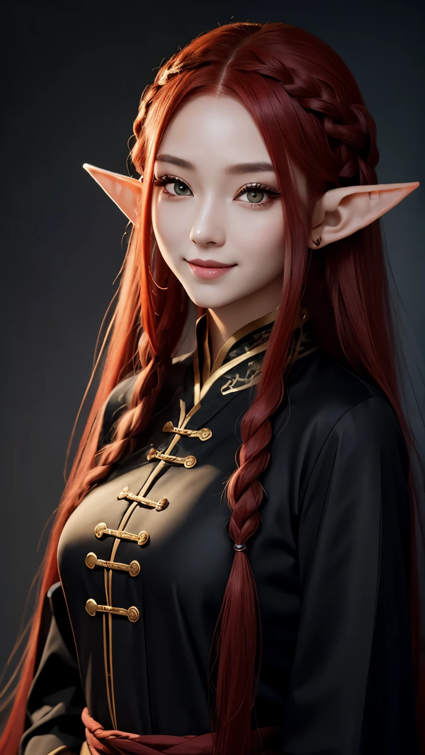 An elf woman with long braided red hair, Cat eyes, Smiling thin lips, Simple makeup, Wearing plain black Chinese clothes, Covered clothes, Looking at the viewer, Half body photoshoot, Detailed eyes, Highres, Masterpiece.