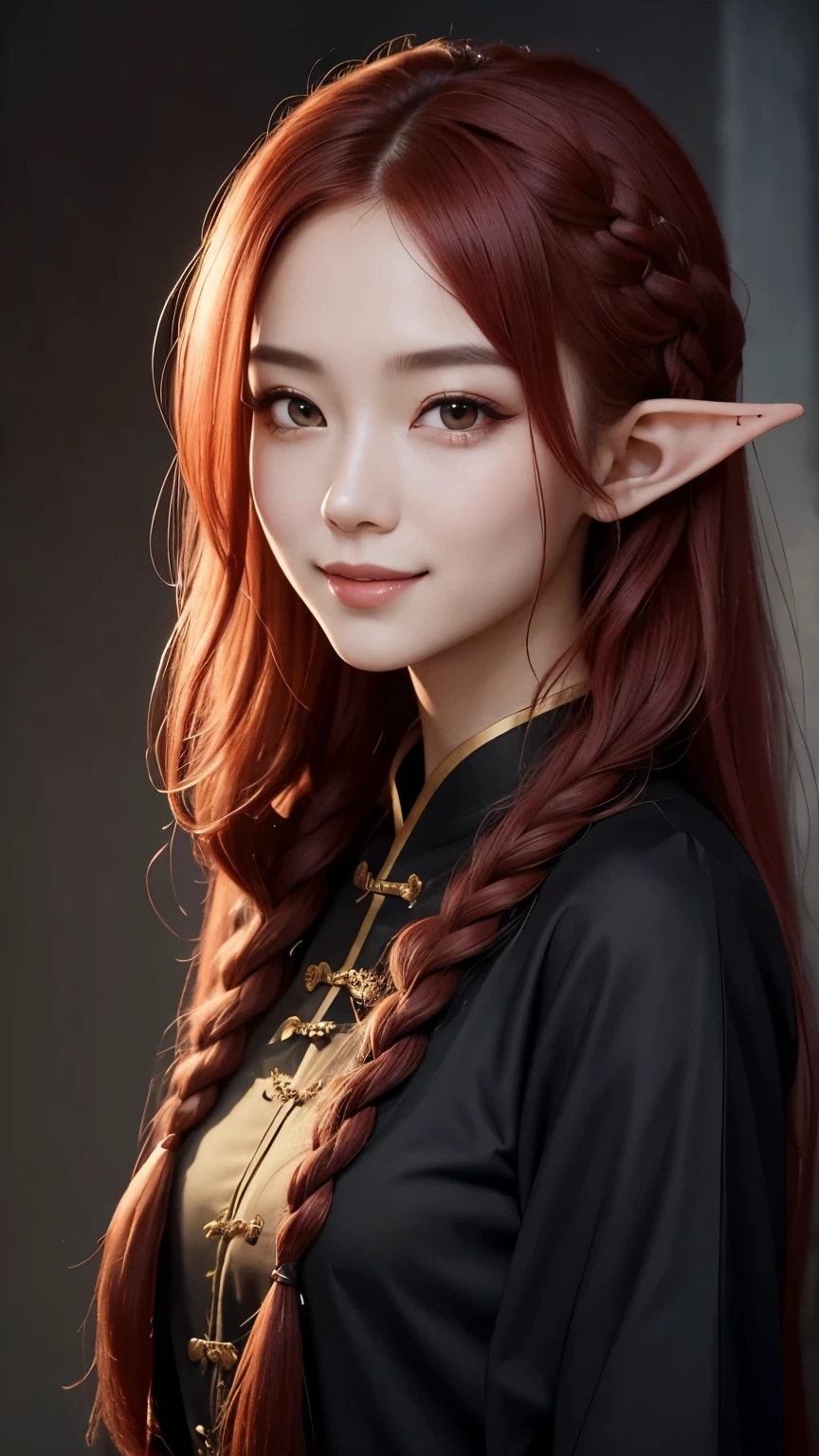 An elf woman with long braided red hair, Cat eyes, Smiling thin lips, Simple makeup, Wearing plain black Chinese clothes, Covered clothes, Looking at the viewer, Half body photoshoot, Detailed eyes, Highres, Masterpiece.