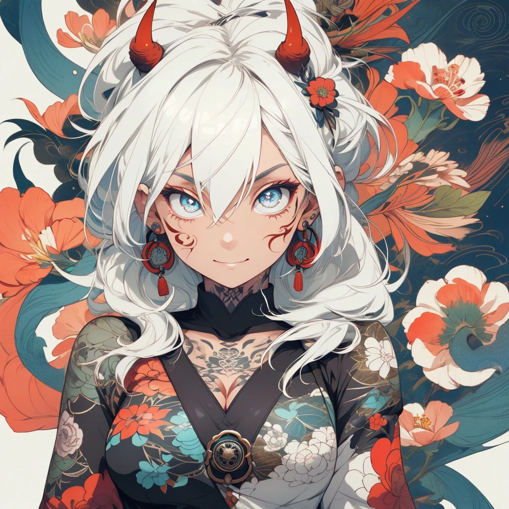 (((highest quality))),(((32k))),(((girl with tattoos))),very delicate face,perfect physical beauty,(Super beautiful woman),Fancy hair color,earrings,(((big breasts))),(Emphasize cleavage),32k,mandala,Geometric pattern,coat of arms,Detailed tattoo,(((detailed eyes))),Charm,The face is beautiful,background is white,smile,Japanese sculpture,stick out tongue,Bodhidharma,Yasa,Demon Fox,