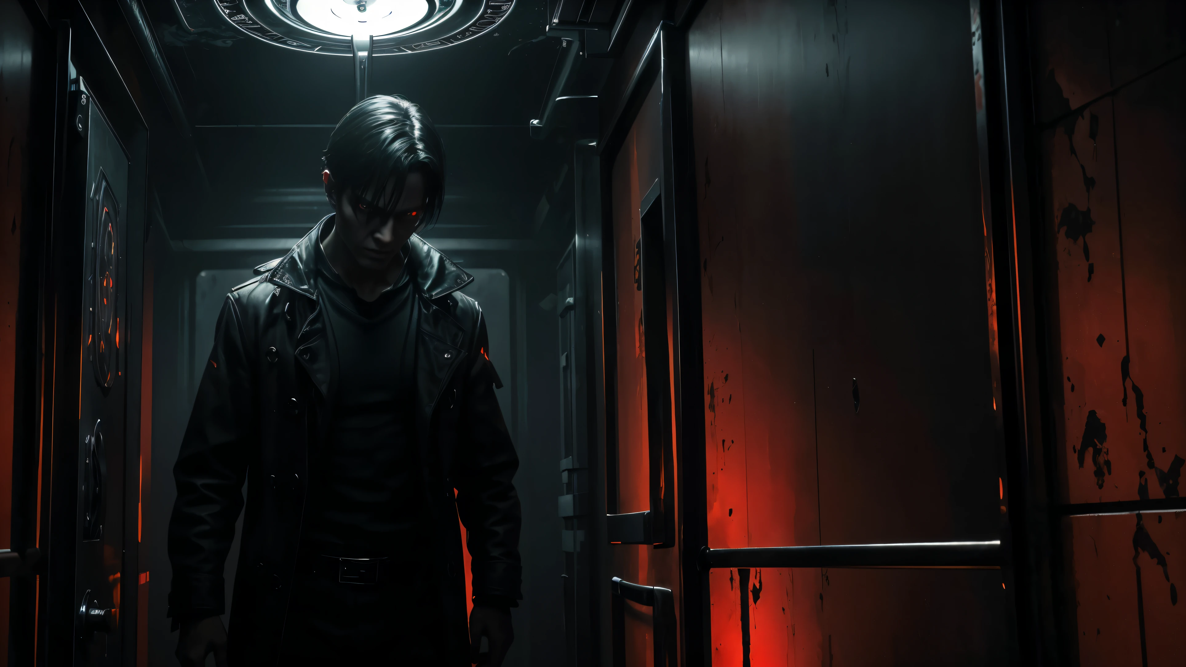 A person is riding an elevator descending to Hell. The person's facial expressions are intense and full of fear. The elevator is made of impenetrable glass, allowing a clear view of the terrifying surroundings. The walls of the elevator are adorned with intricate and ancient symbols, representing the journey to the underworld. The atmosphere is suffocating and filled with ominous red lights, symbolizing the impending doom. The person's clothing is tattered and windswept, giving a sense of desperation. The elevator is moving at an alarming speed, making the descent feel unstoppable. As the person descends further, the temperature rises dramatically, and the air becomes heavy with sulfur and darkness. The person's eyes are wide open with terror, and their hands grip the railing tightly, showing their struggle to maintain composure. The artwork should have the best quality, showcasing ultra-detailed and realistic visuals. The lighting is eerie, with dark shadows and flickering lights adding to the sense of impending doom. The color palette should consist of deep reds, fiery oranges, and smoky grays, creating a macabre and menacing atmosphere.