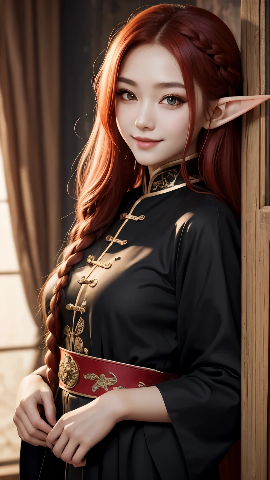 An elf woman with long braided red hair, Cat eyes, Smiling thin lips, Simple makeup, Wearing plain black Chinese clothes, Covered clothes, Looking at the viewer, Half body photoshoot, Detailed eyes, Highres, Masterpiece.